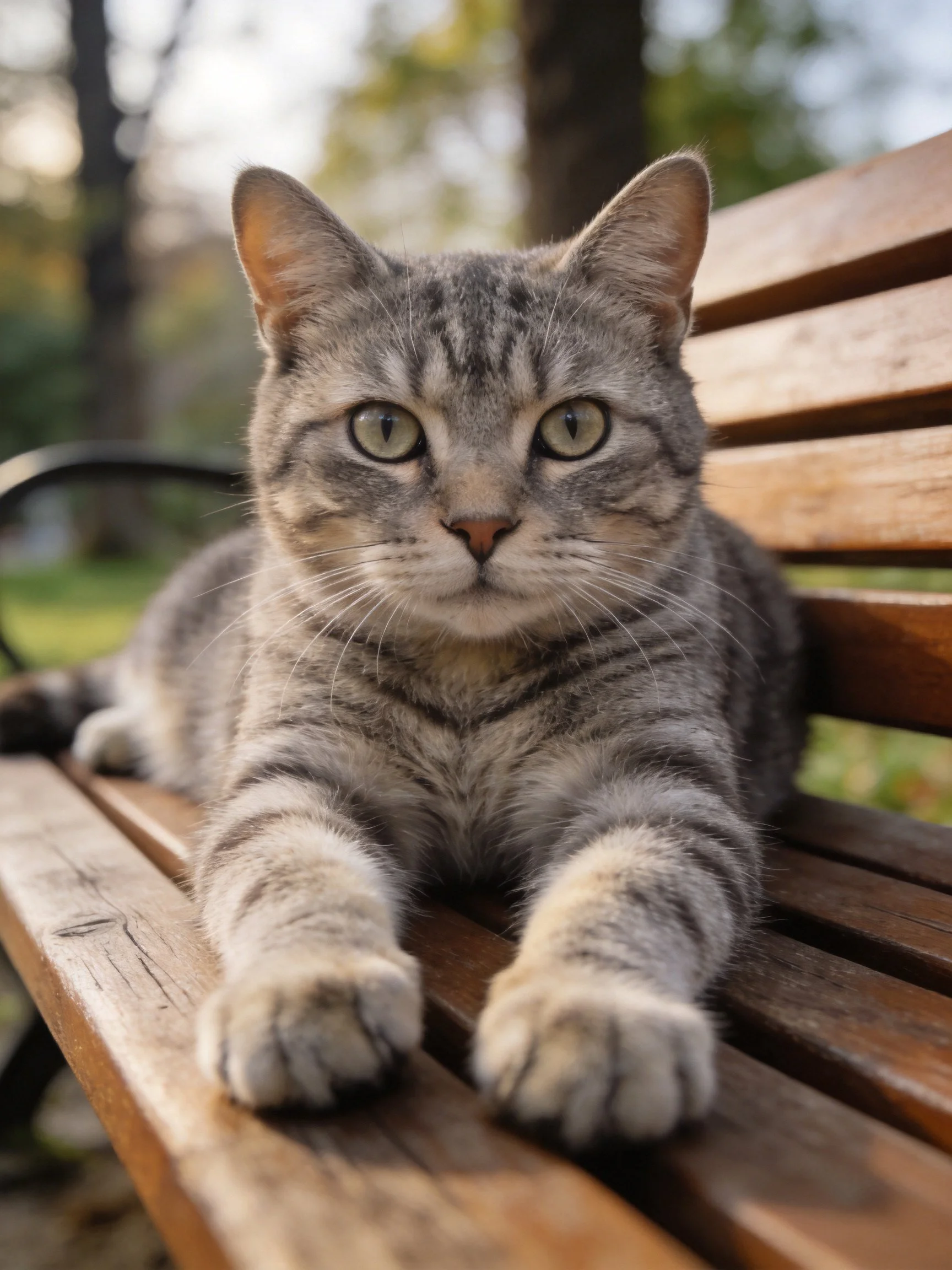 A gray tabby cat lounging on a wooden park bench