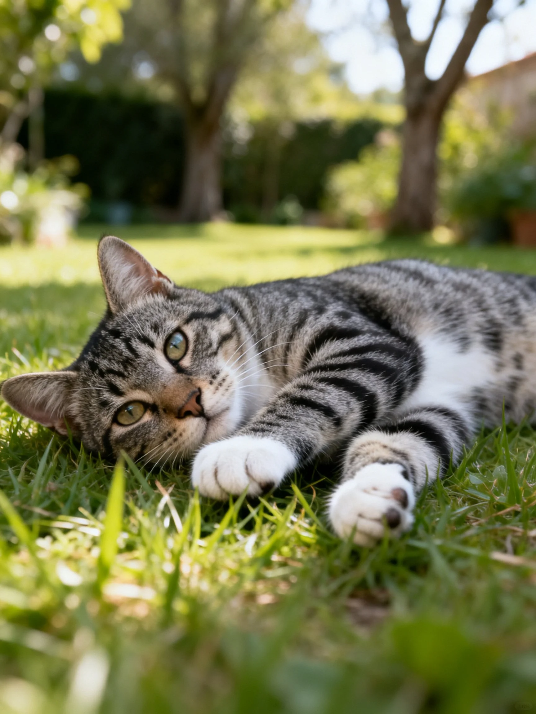 A gray tabby cat lounging on lush green grass in a sunlit garden