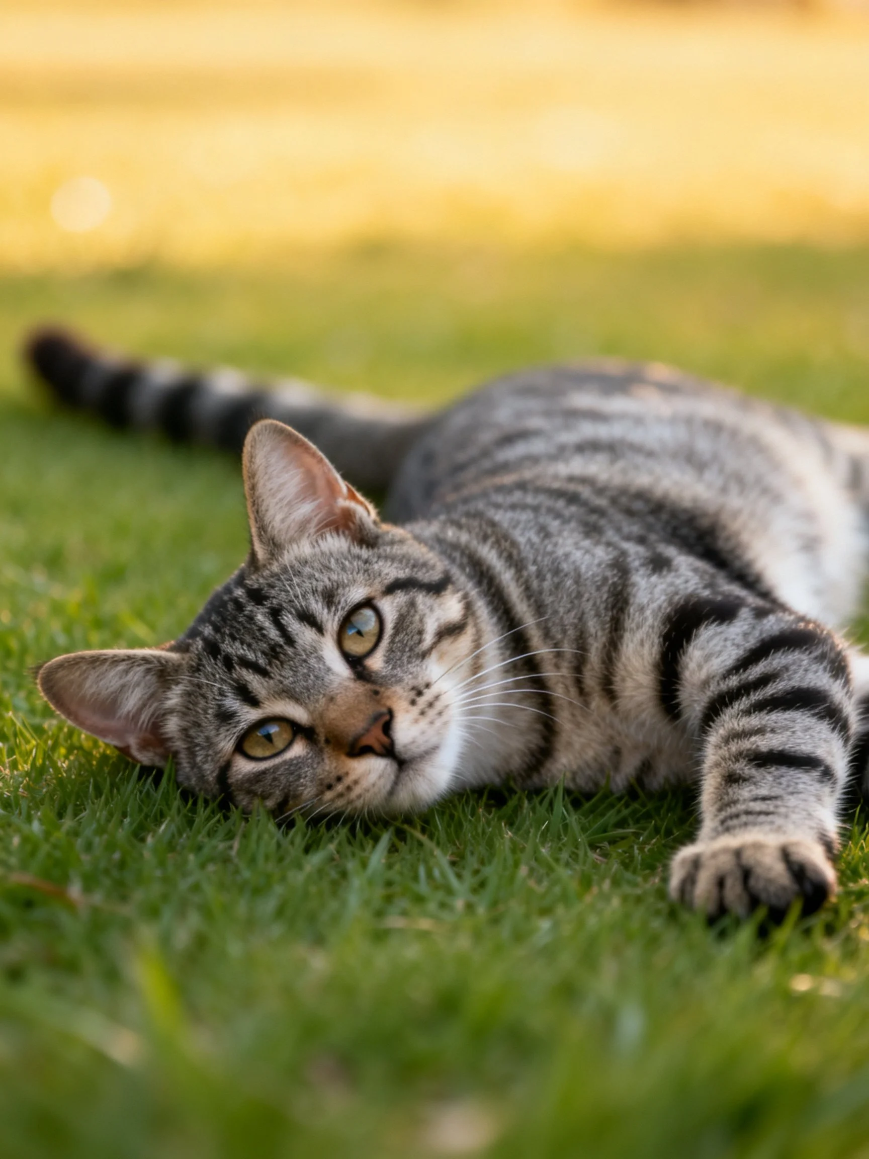 A gray tabby cat lounging on lush green grass
