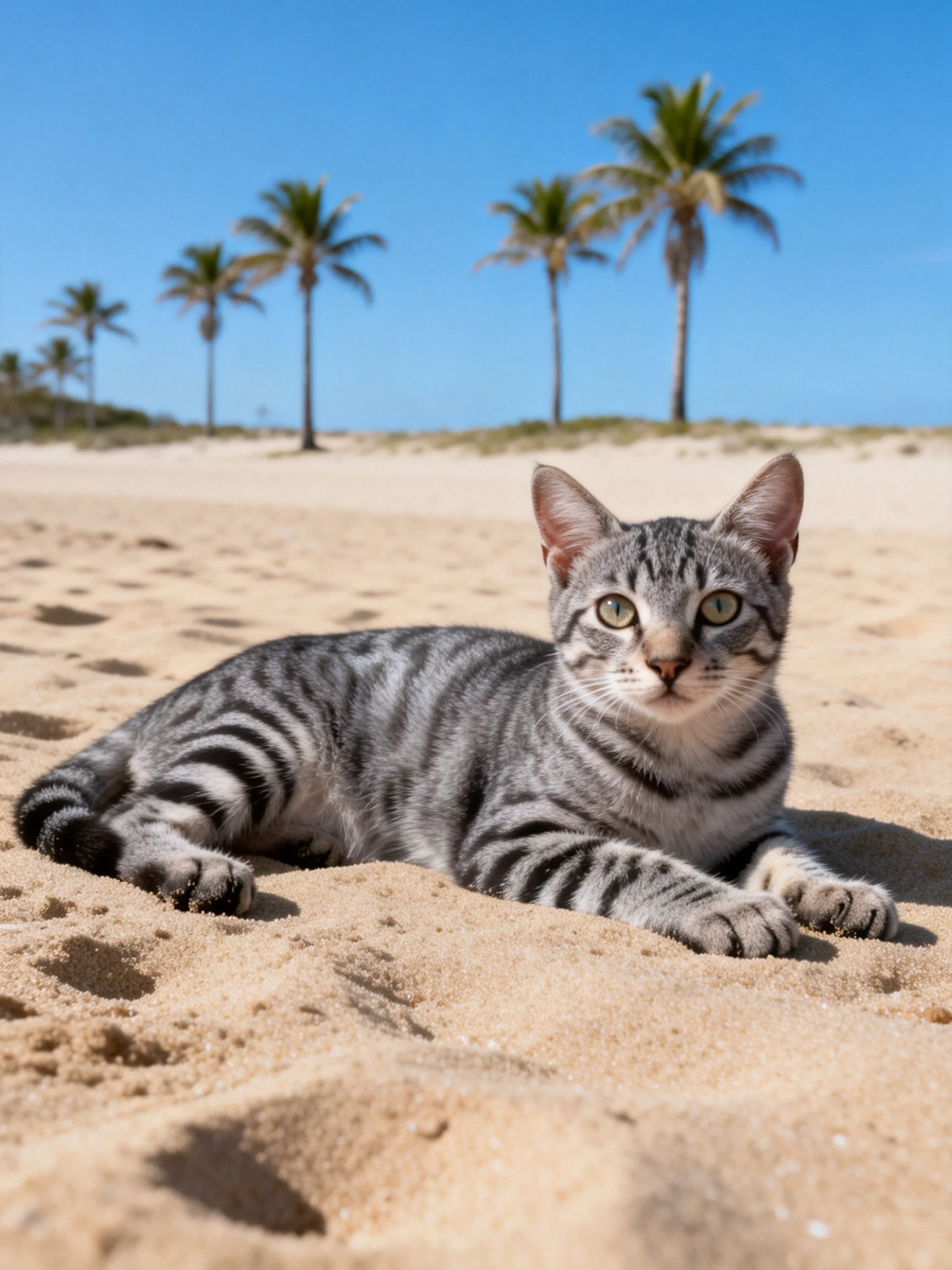 A gray tabby cat lounging on sandy beach near palm trees