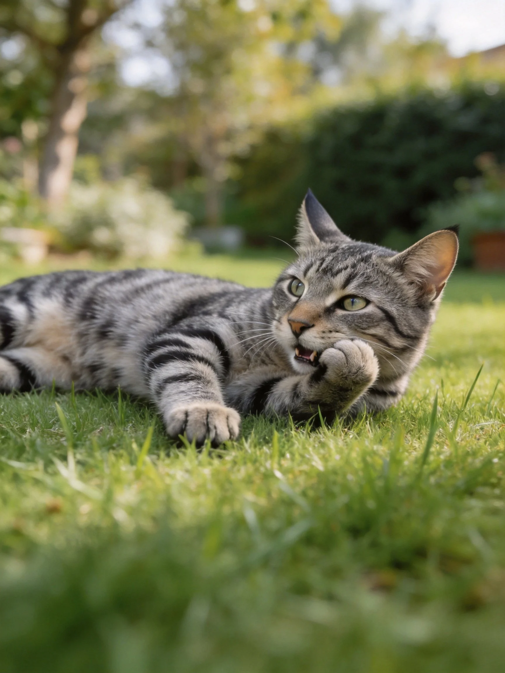 A gray tabby cat lounging on vibrant green grass outdoors