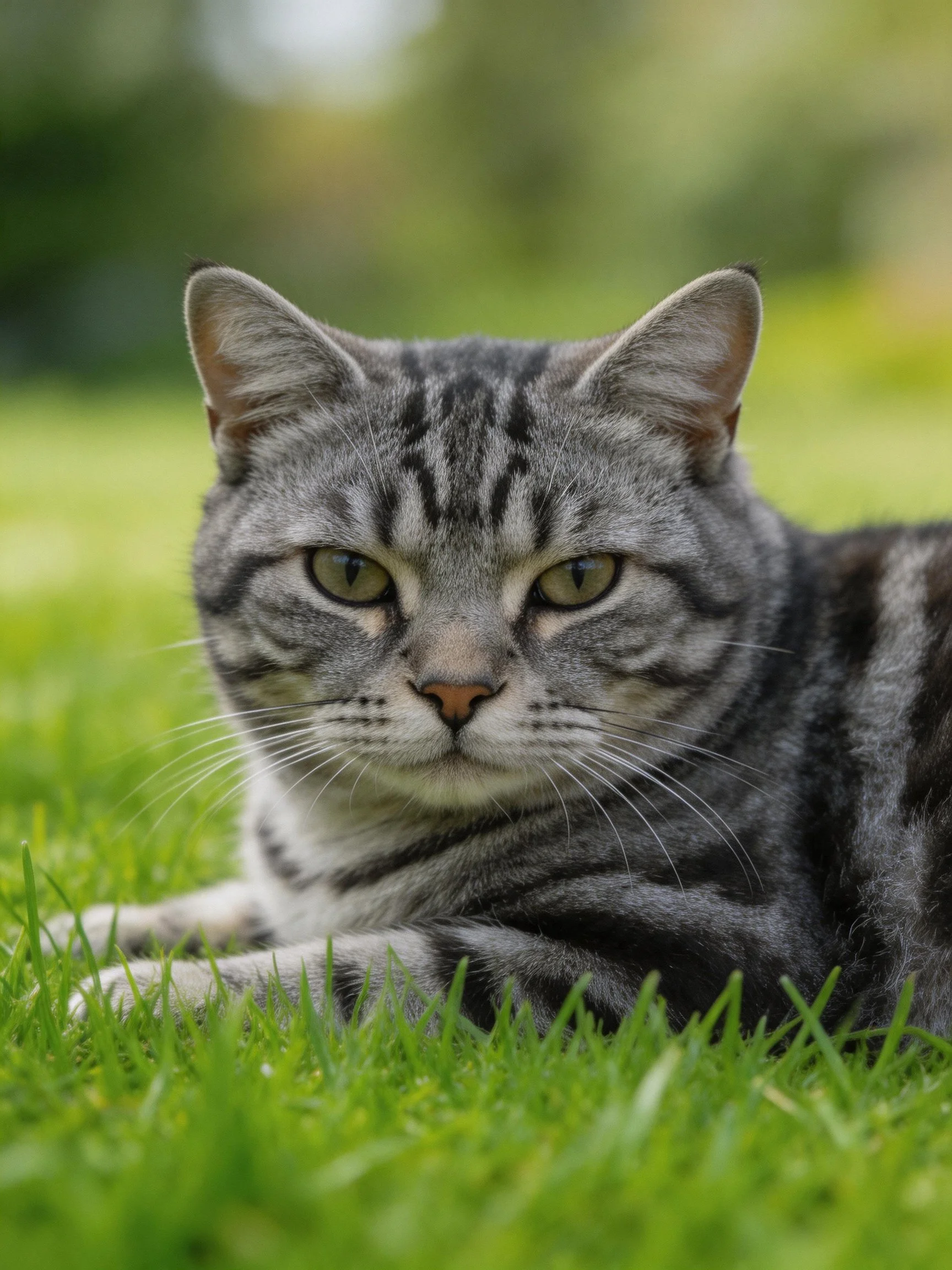 A gray tabby cat lounging on vibrant green grass outdoors
