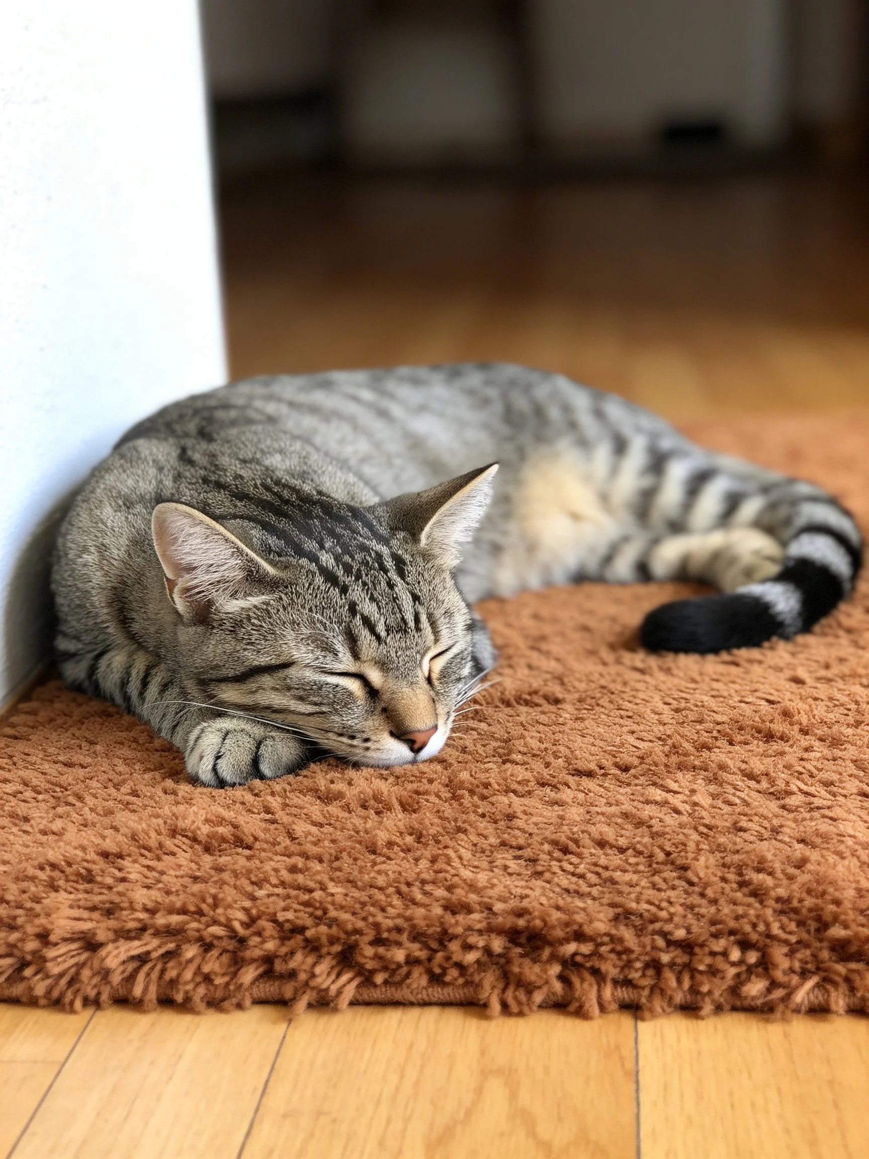 A gray tabby cat naps on a brown shaggy rug beside a white wall