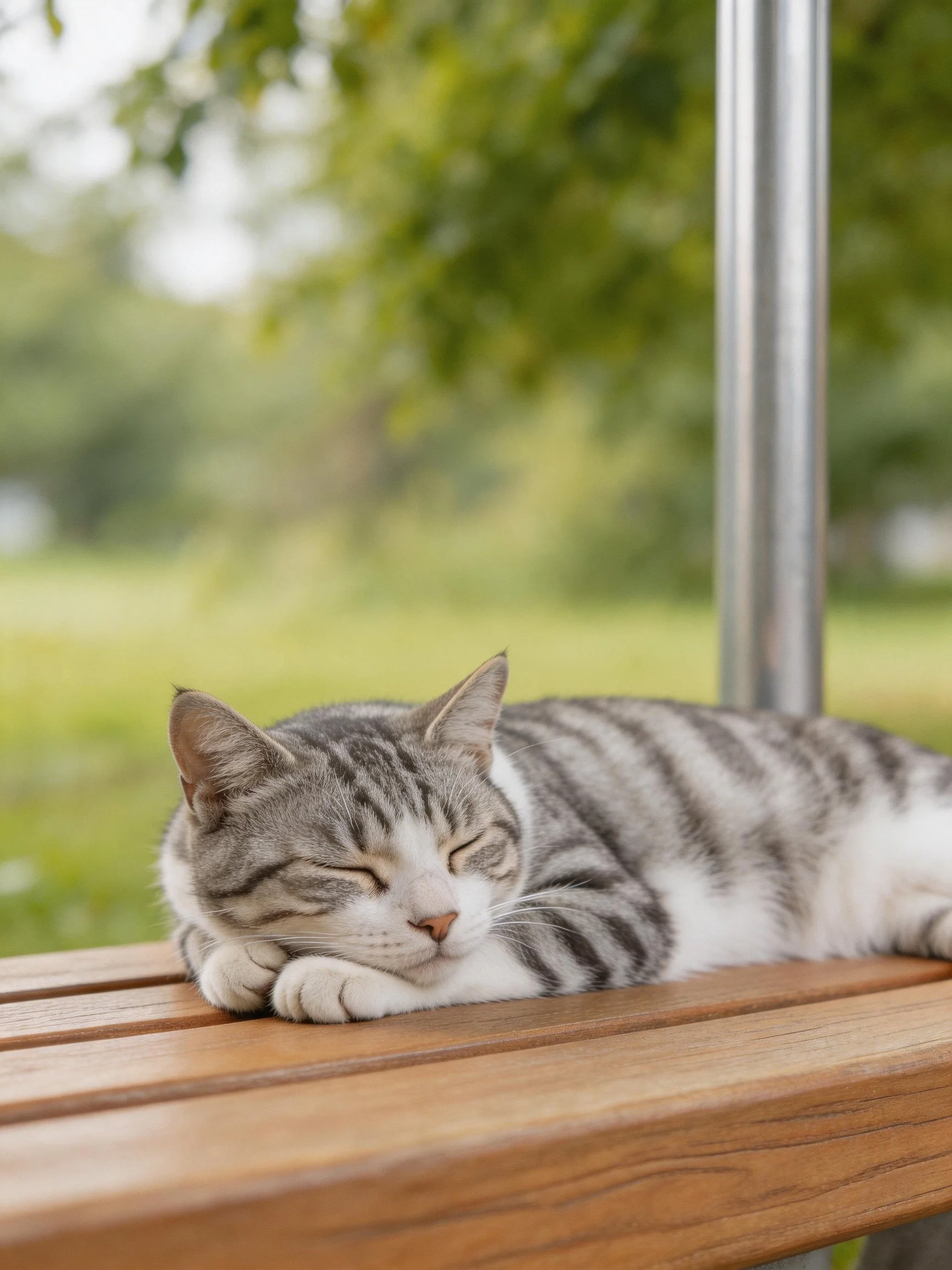 A gray tabby cat naps on a wooden park bench