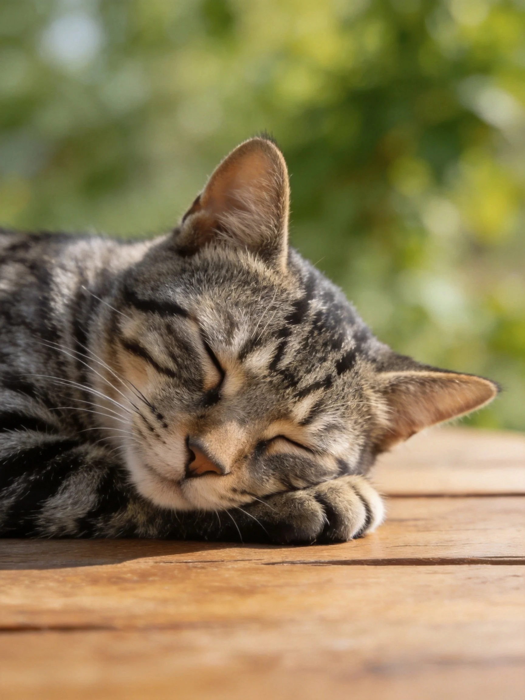A gray tabby cat naps on a wooden surface amid greenery