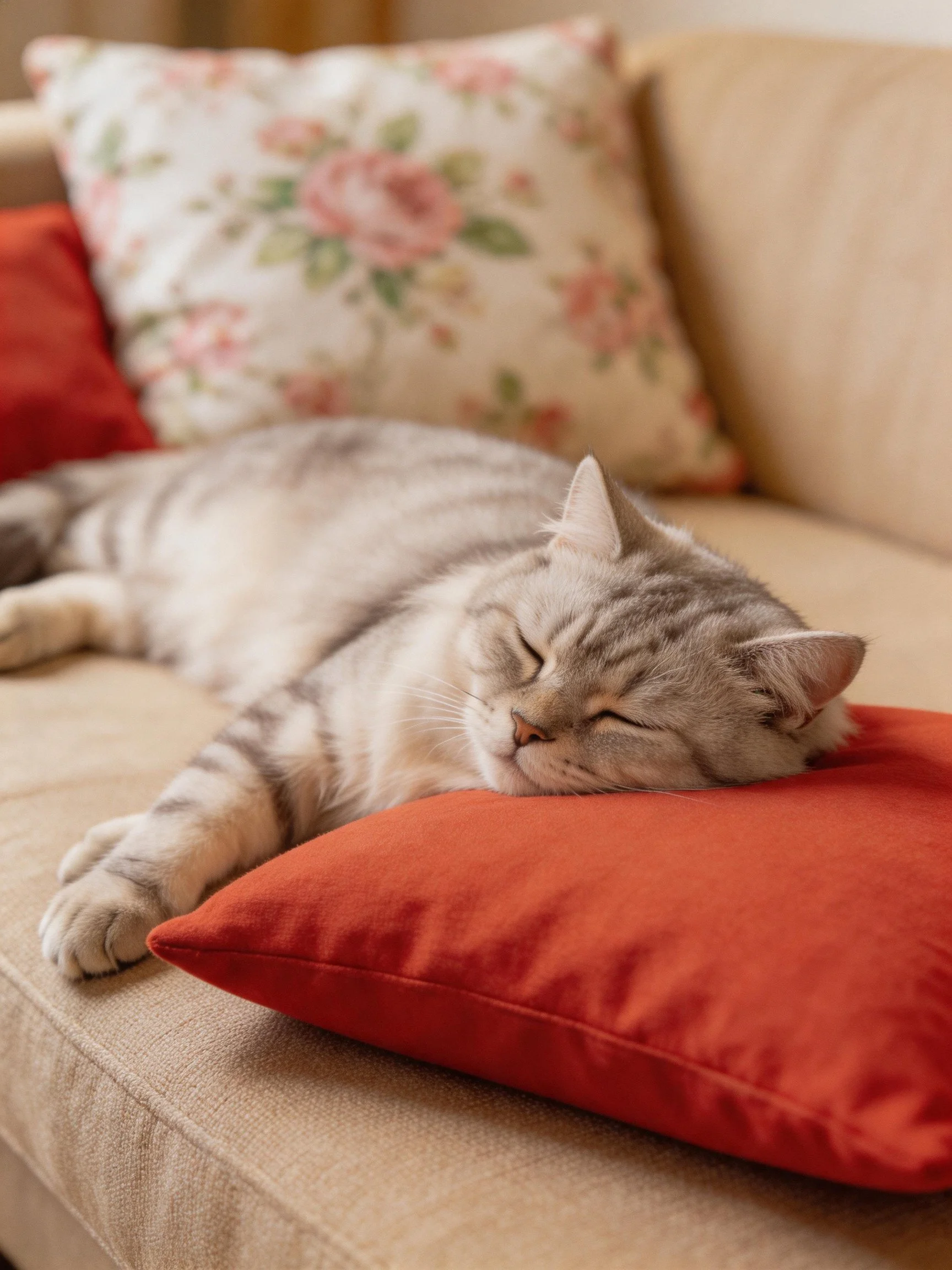 A gray tabby cat naps on an orange cushion near floral pillows