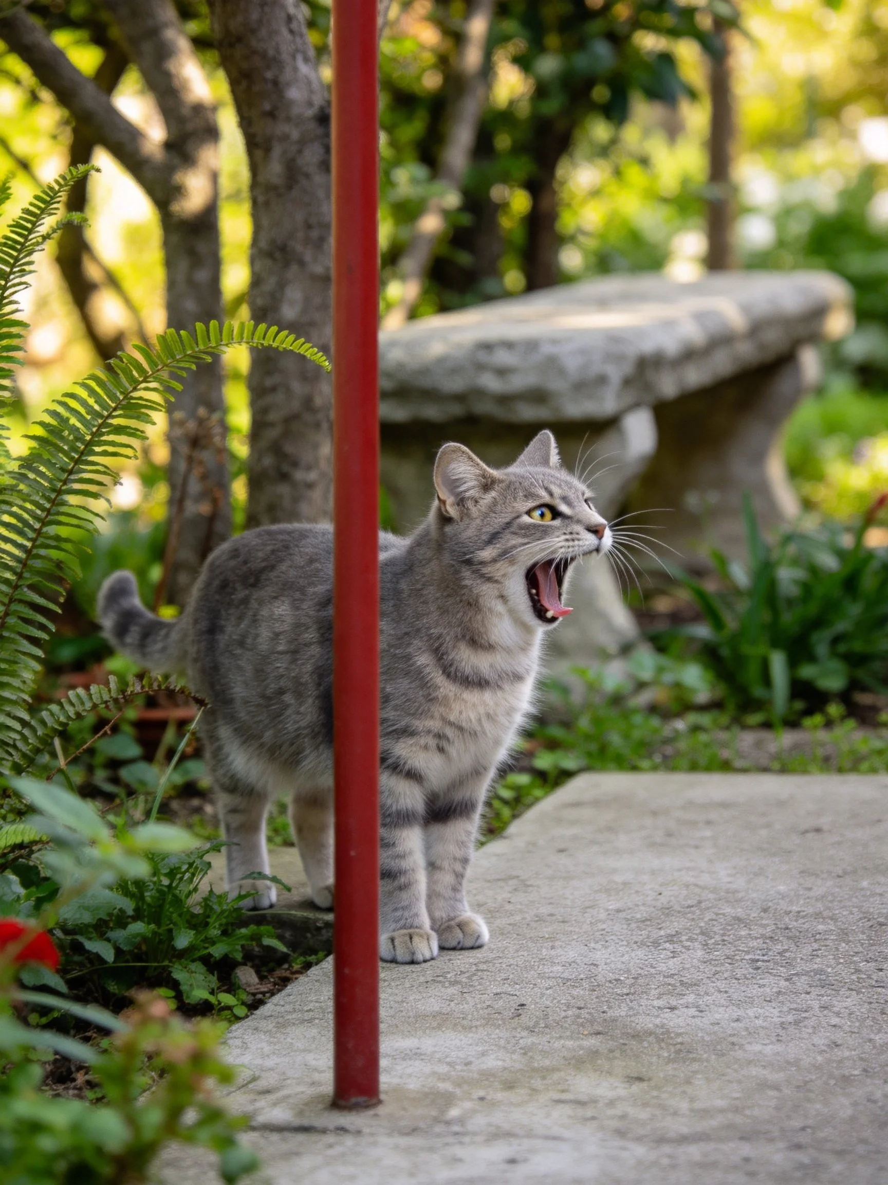 A gray tabby cat stands near a red pole in a sunlit garden.