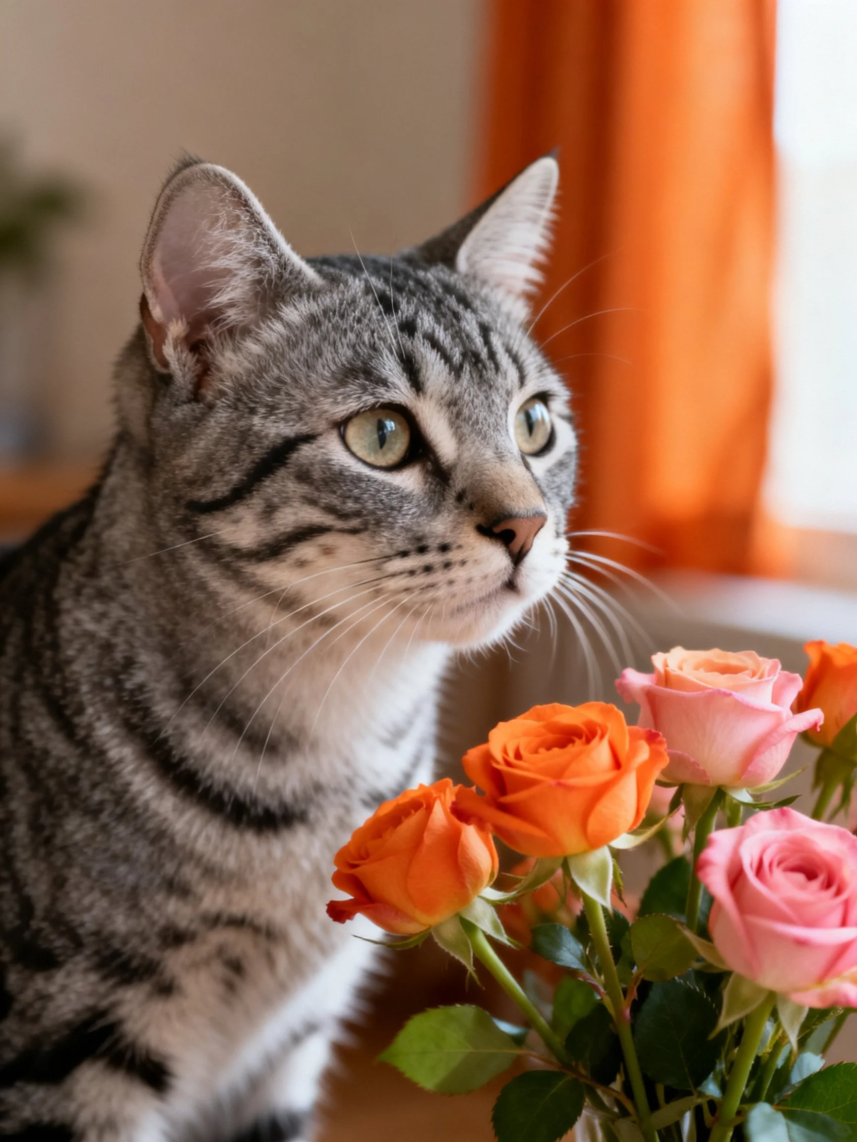 A gray tabby cat sits beside a colorful rose bouquet indoors.