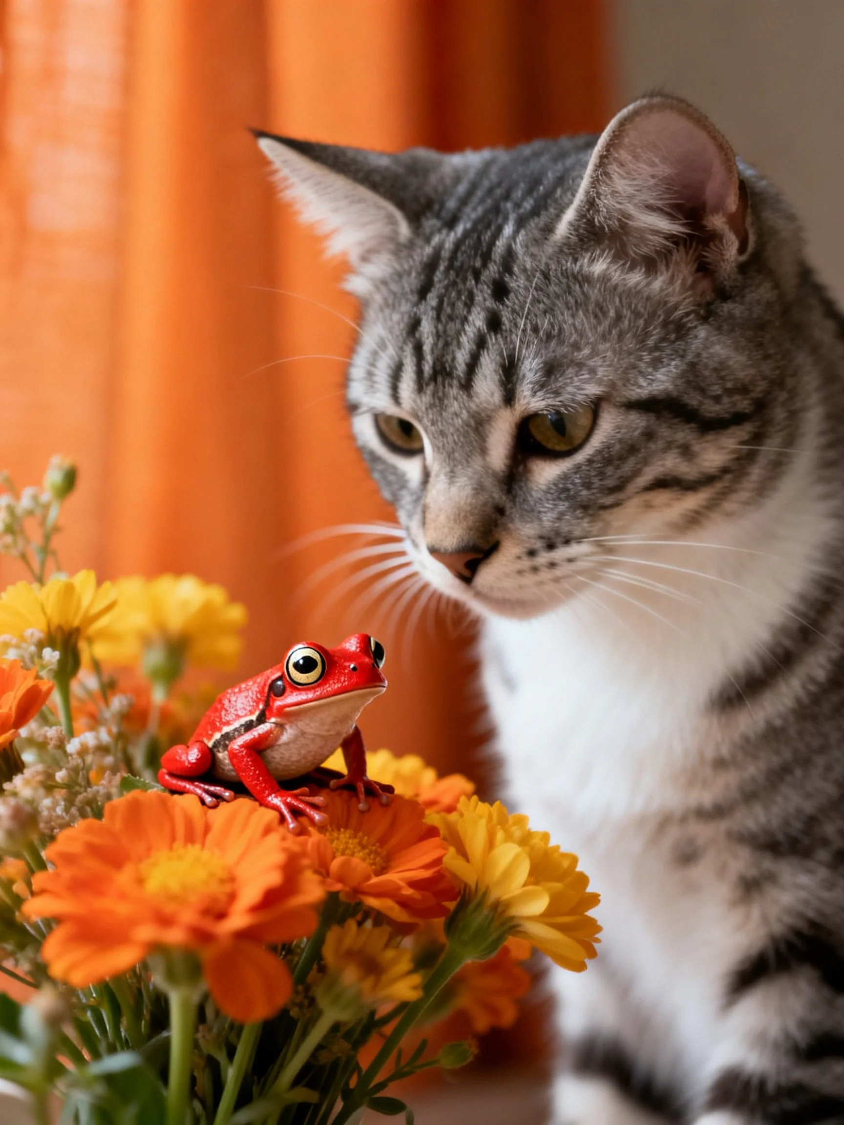 A gray tabby cat observes a bright red frog on vibrant orange-yellow flowers