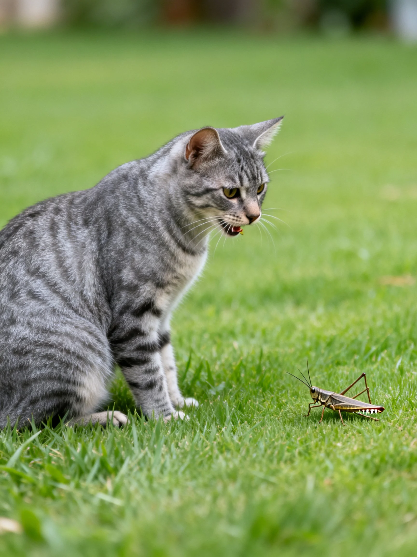 A gray tabby cat observes a grasshopper on lush green grass