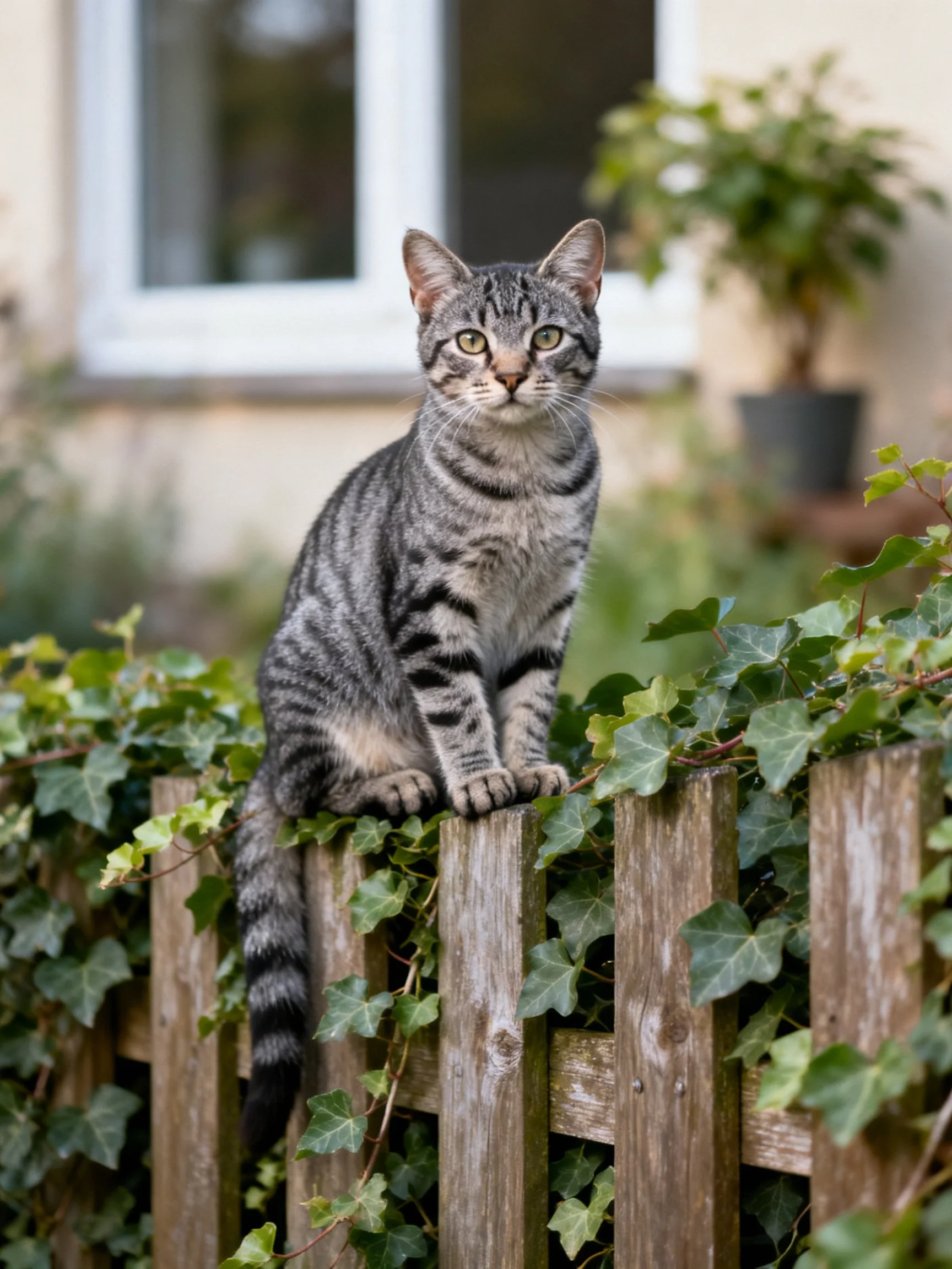 A gray tabby cat sits on an ivy-covered wooden fence near a house