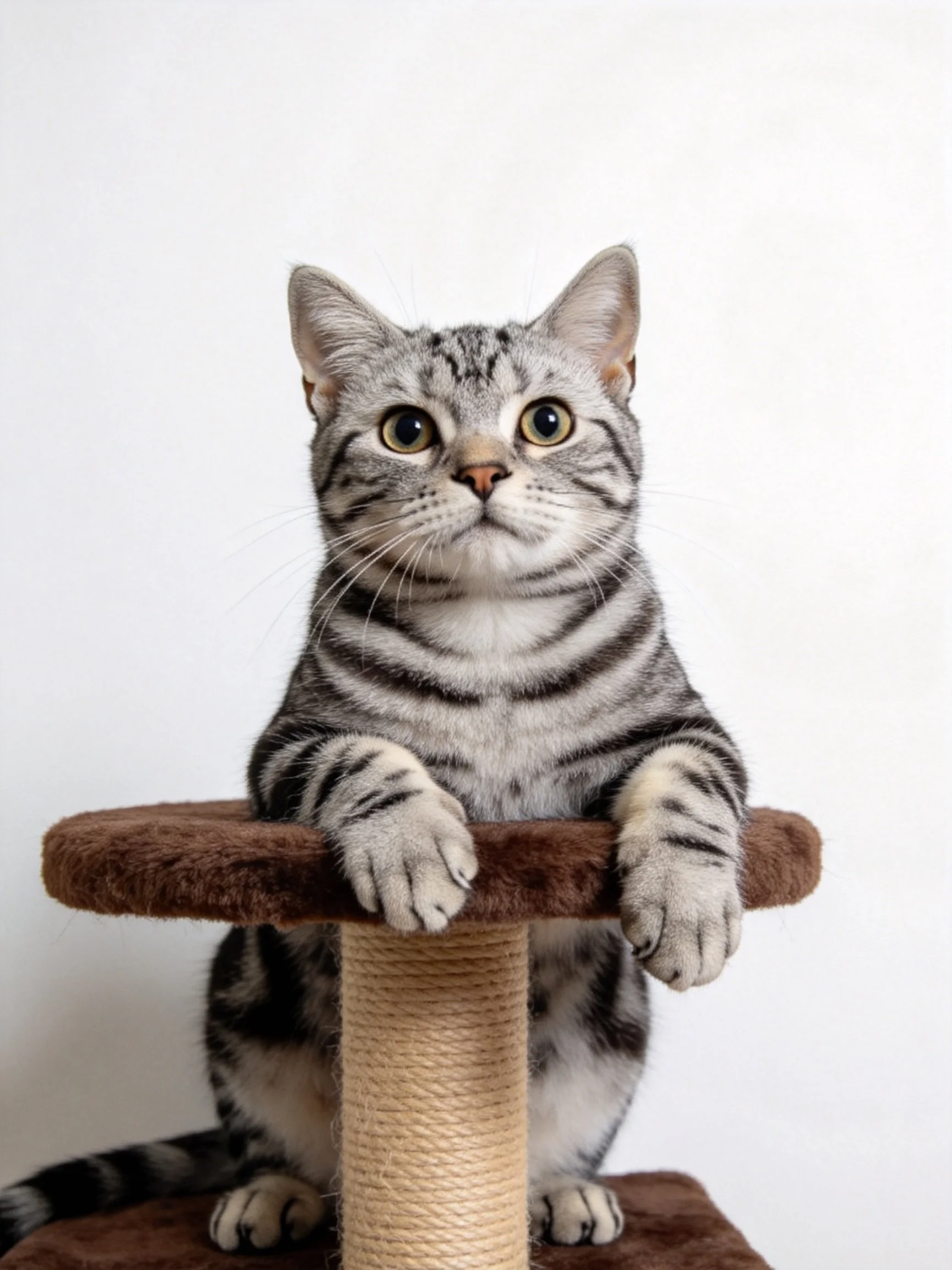 A gray tabby cat sits on a brown cat tree with front paws on the top platform