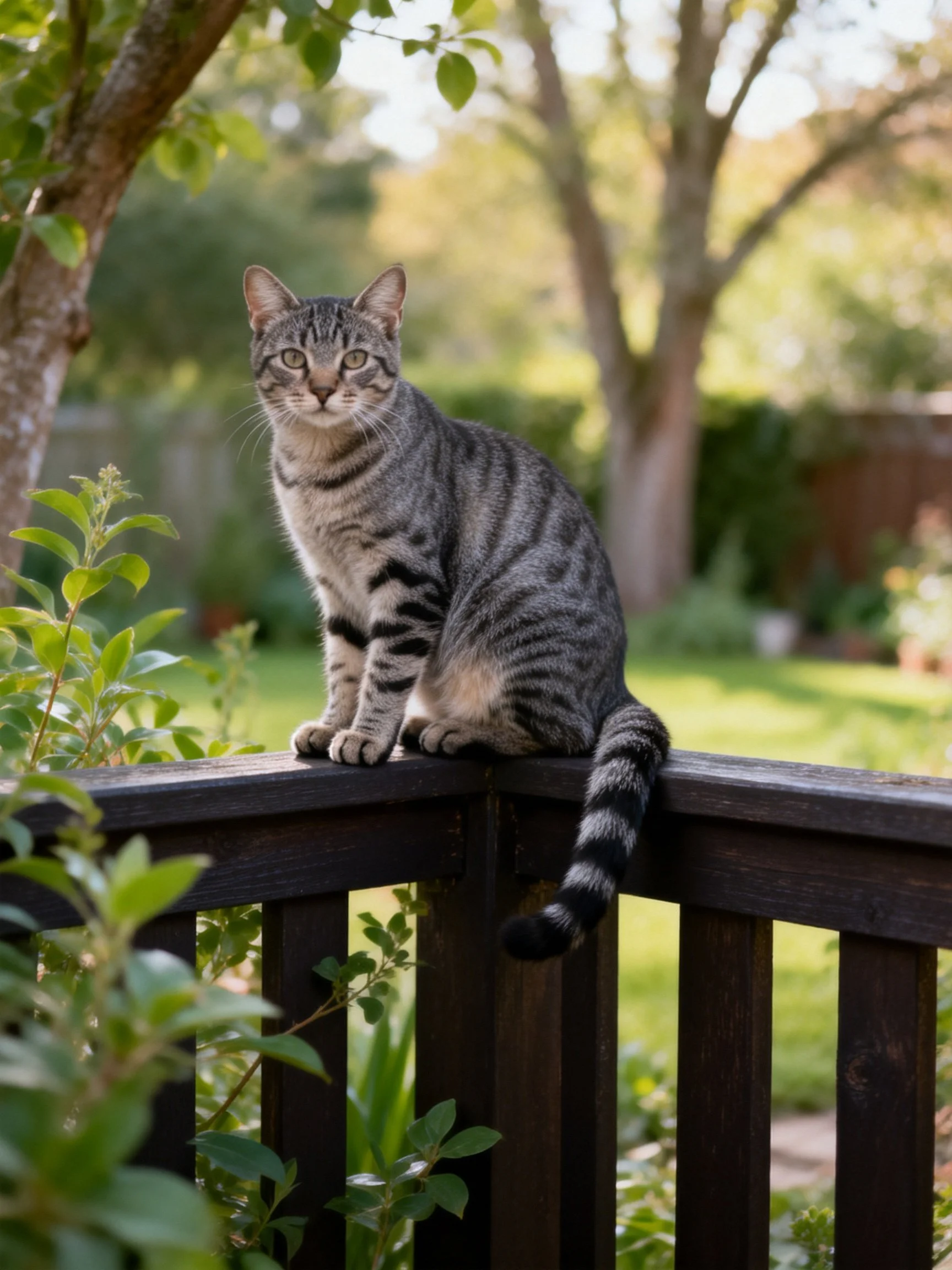 A gray tabby cat perched on a dark wooden fence in a lush garden