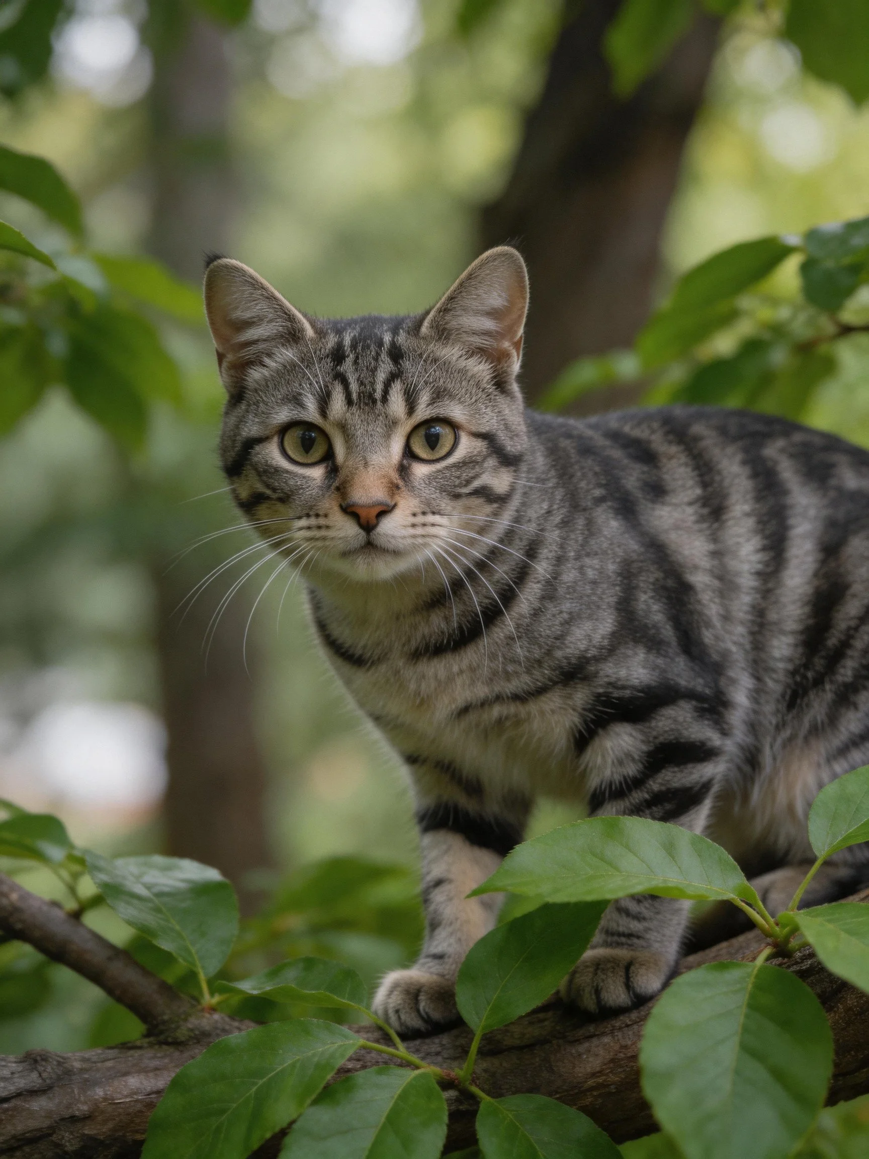 A gray tabby cat sits alertly on a leafy tree branch in a forested area.