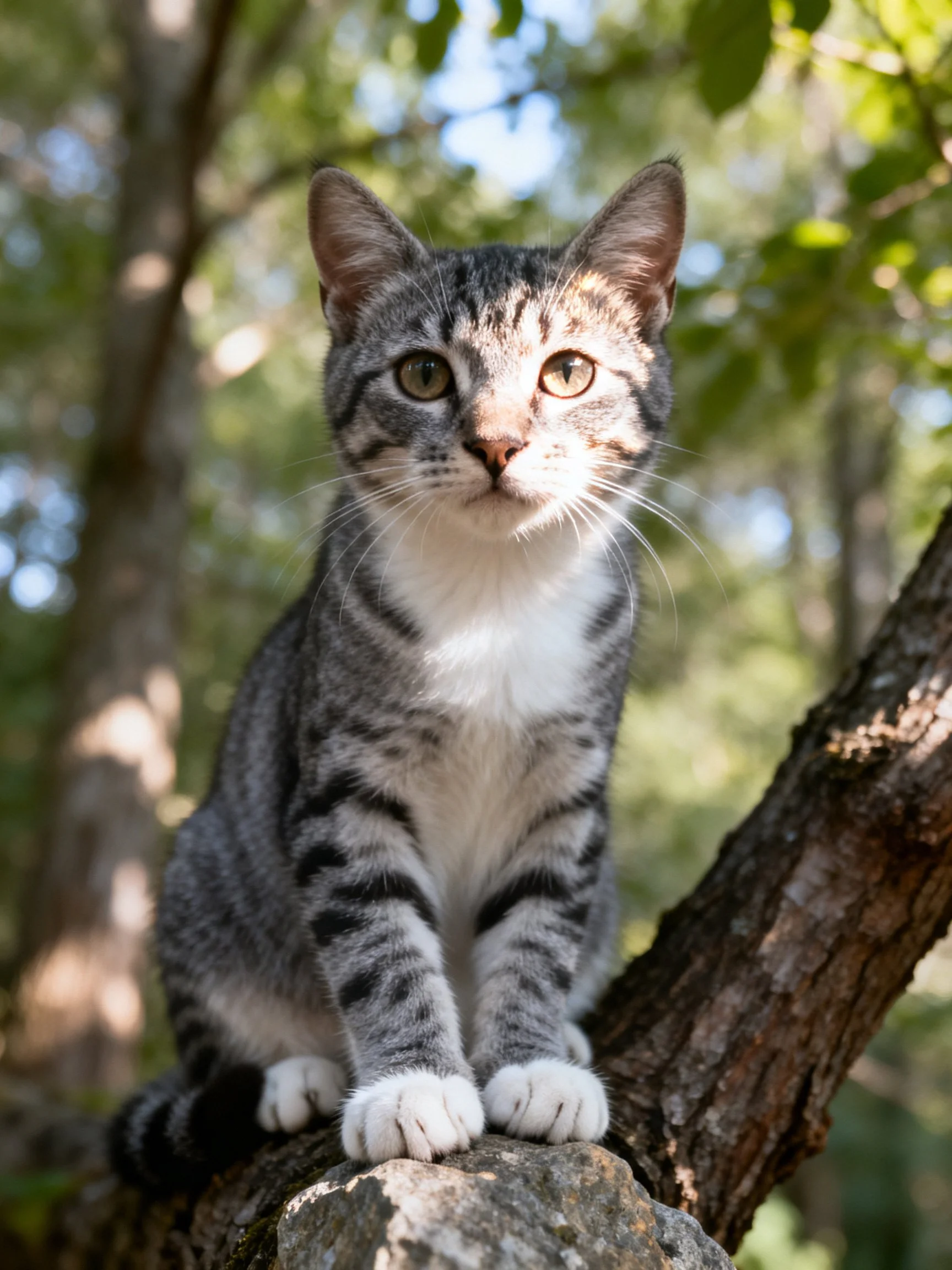 A gray tabby cat sits on a tree branch in a sunlit forest.