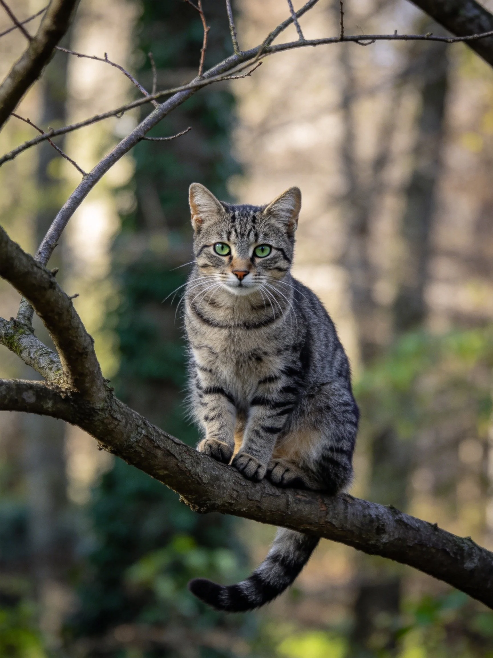 A gray tabby cat sits calmly on a tree branch surrounded by trees.