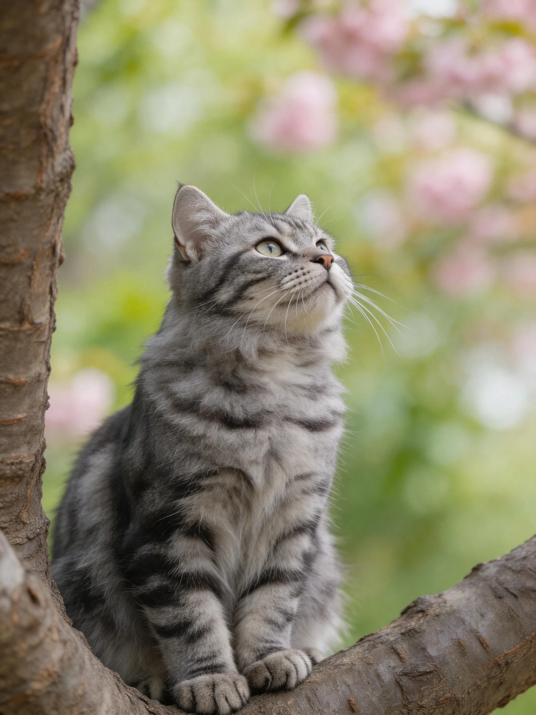 A gray tabby cat sits on a tree branch surrounded by pink blossoms.