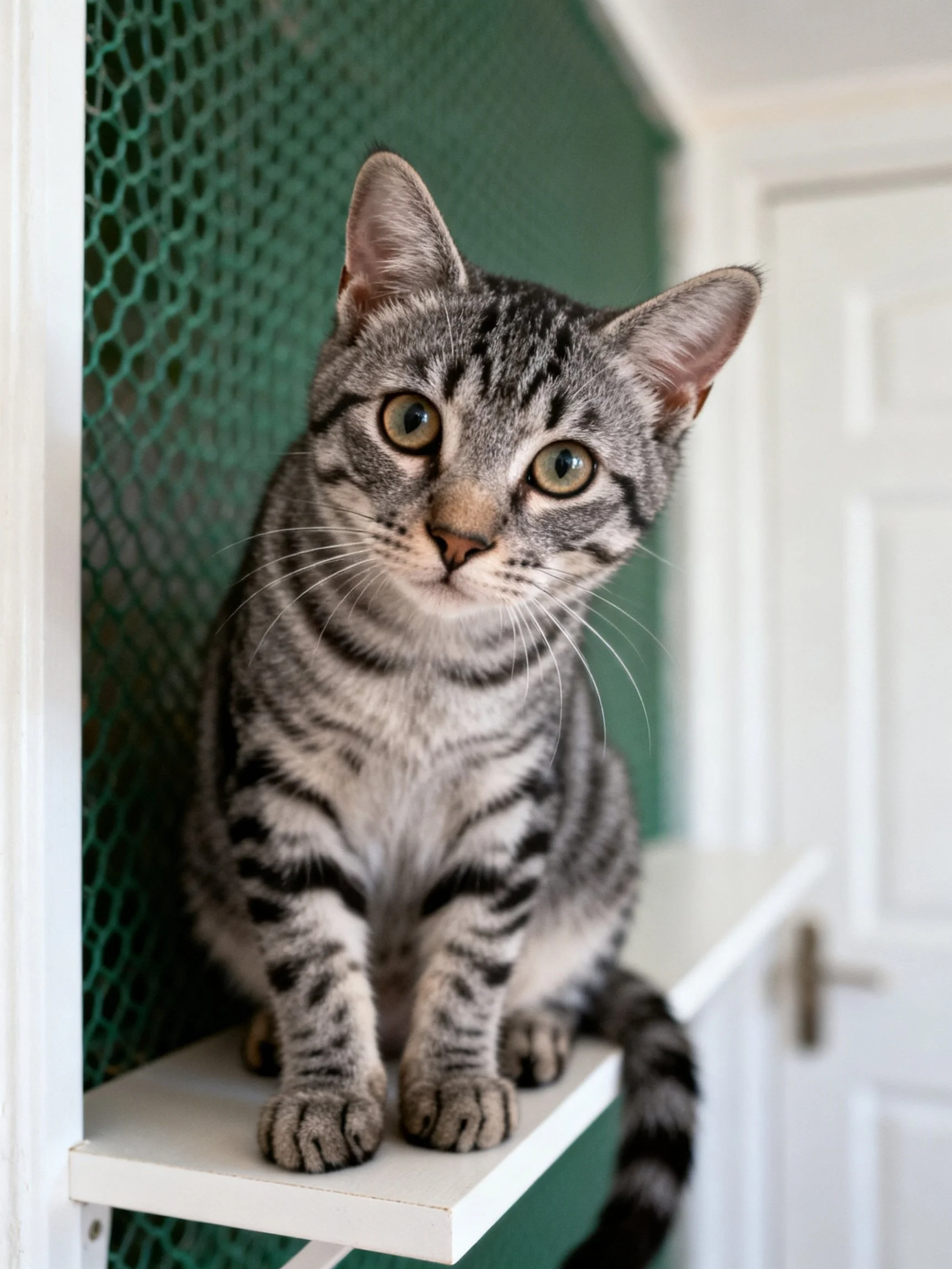 A gray tabby cat sits on a white shelf in an indoor environment.