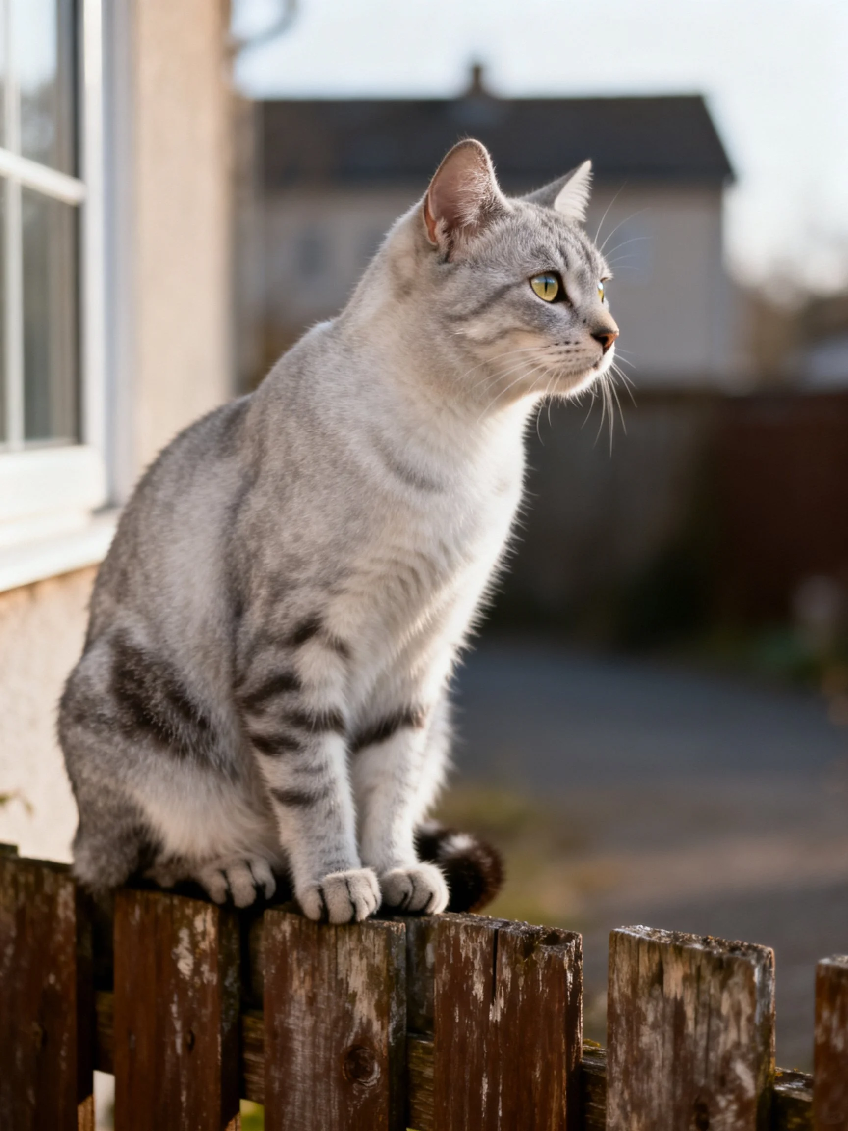 A gray tabby cat perched on an aged wooden fence