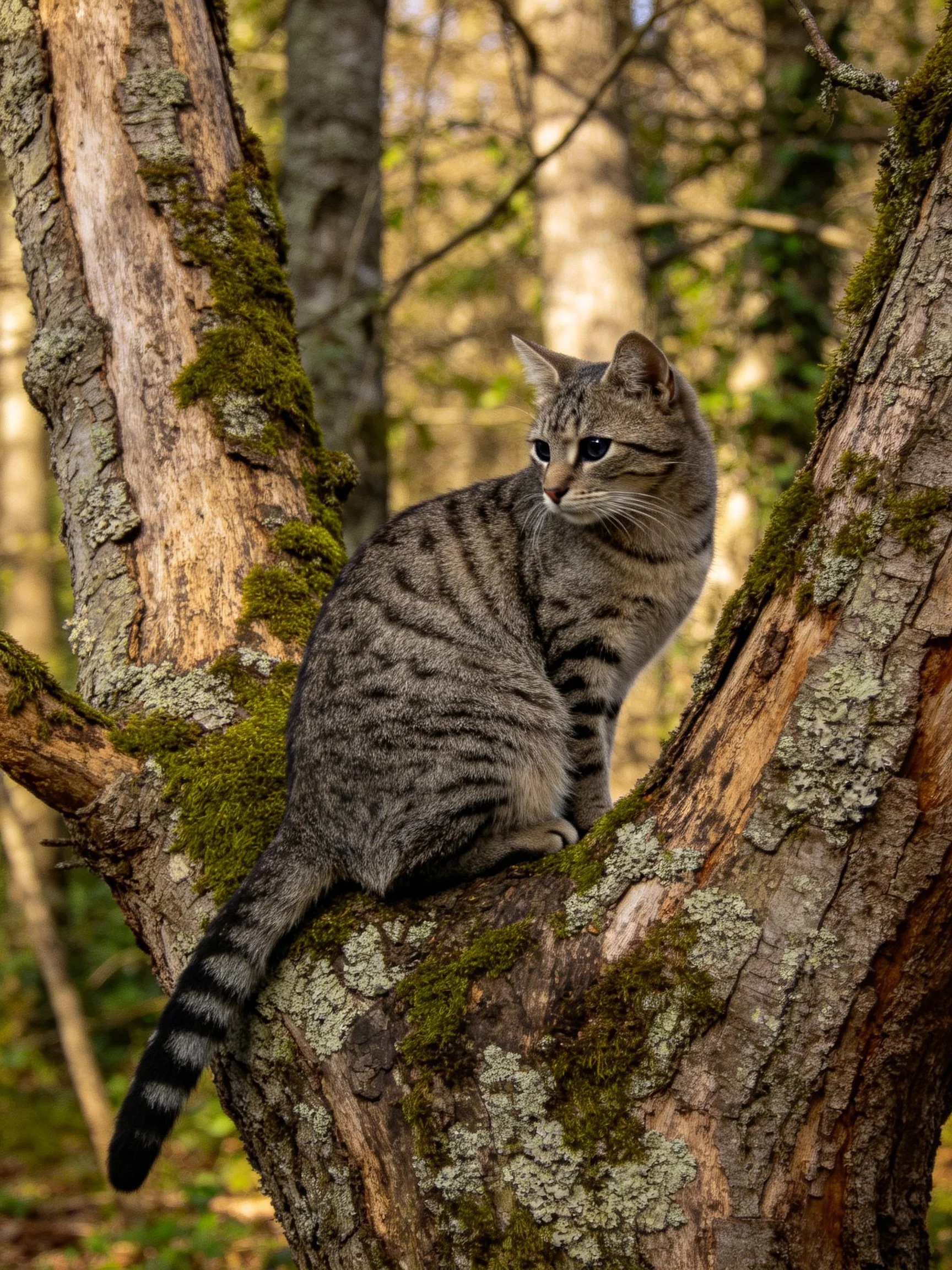 A gray tabby cat perched on moss-covered forest branches