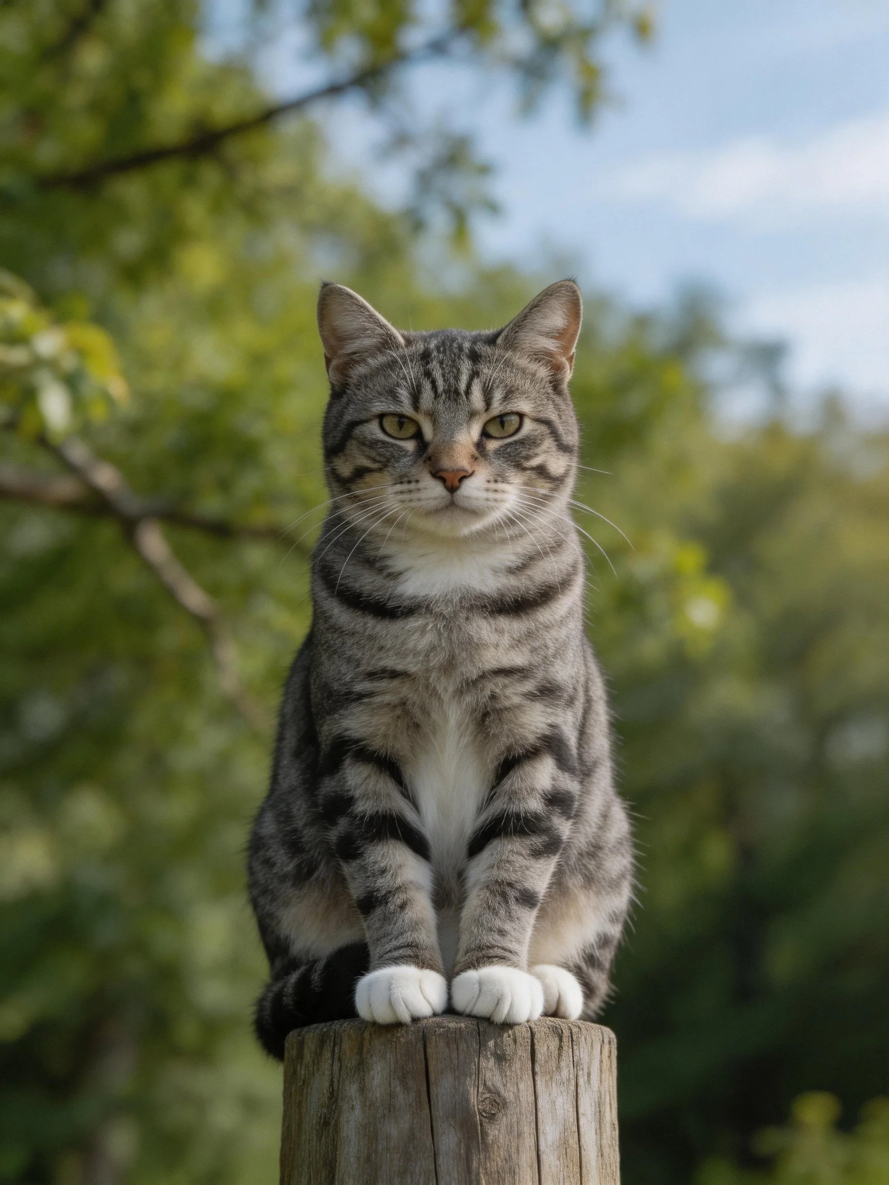 A gray tabby cat perches on a weathered wooden post amidst green foliage