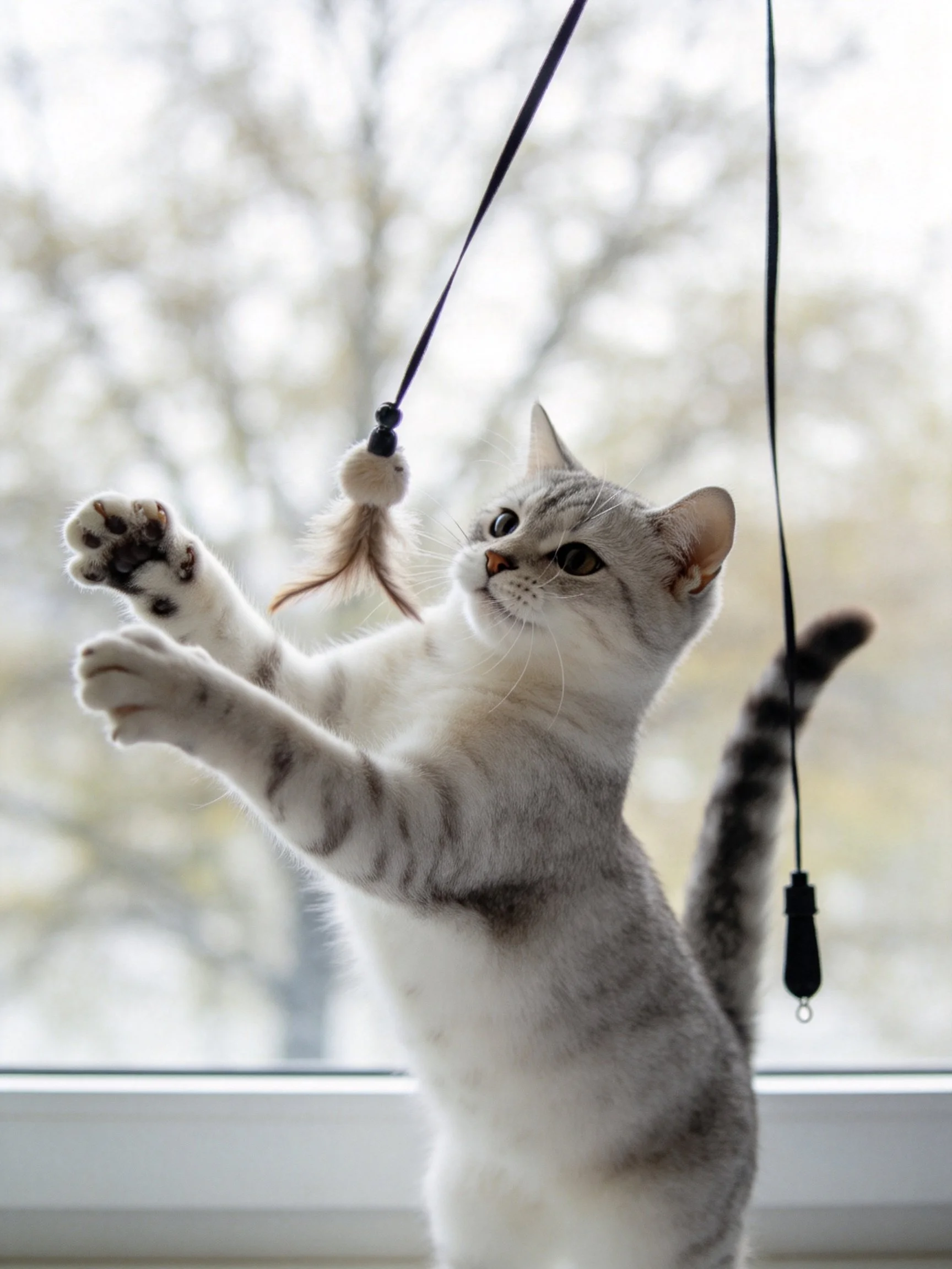 A gray tabby cat plays with feathered strings by a bright window