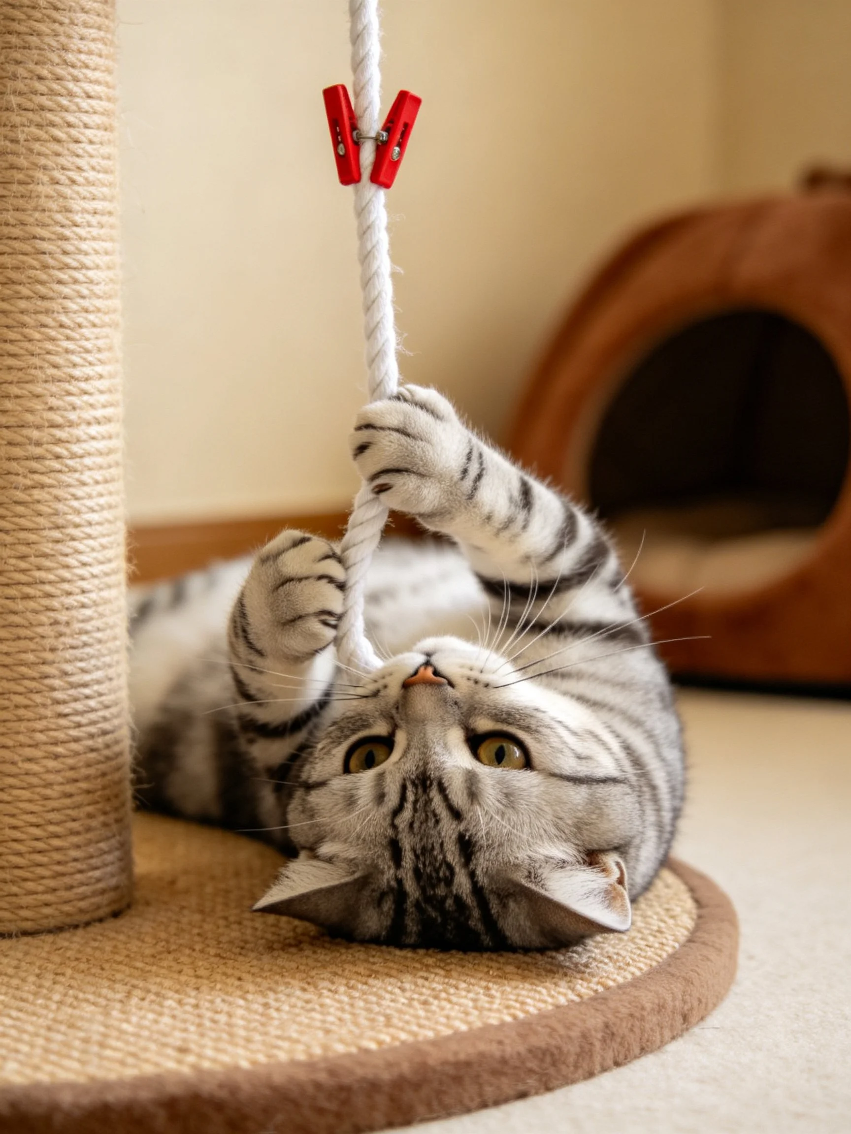 A gray tabby cat plays witha white rope near a scratching post