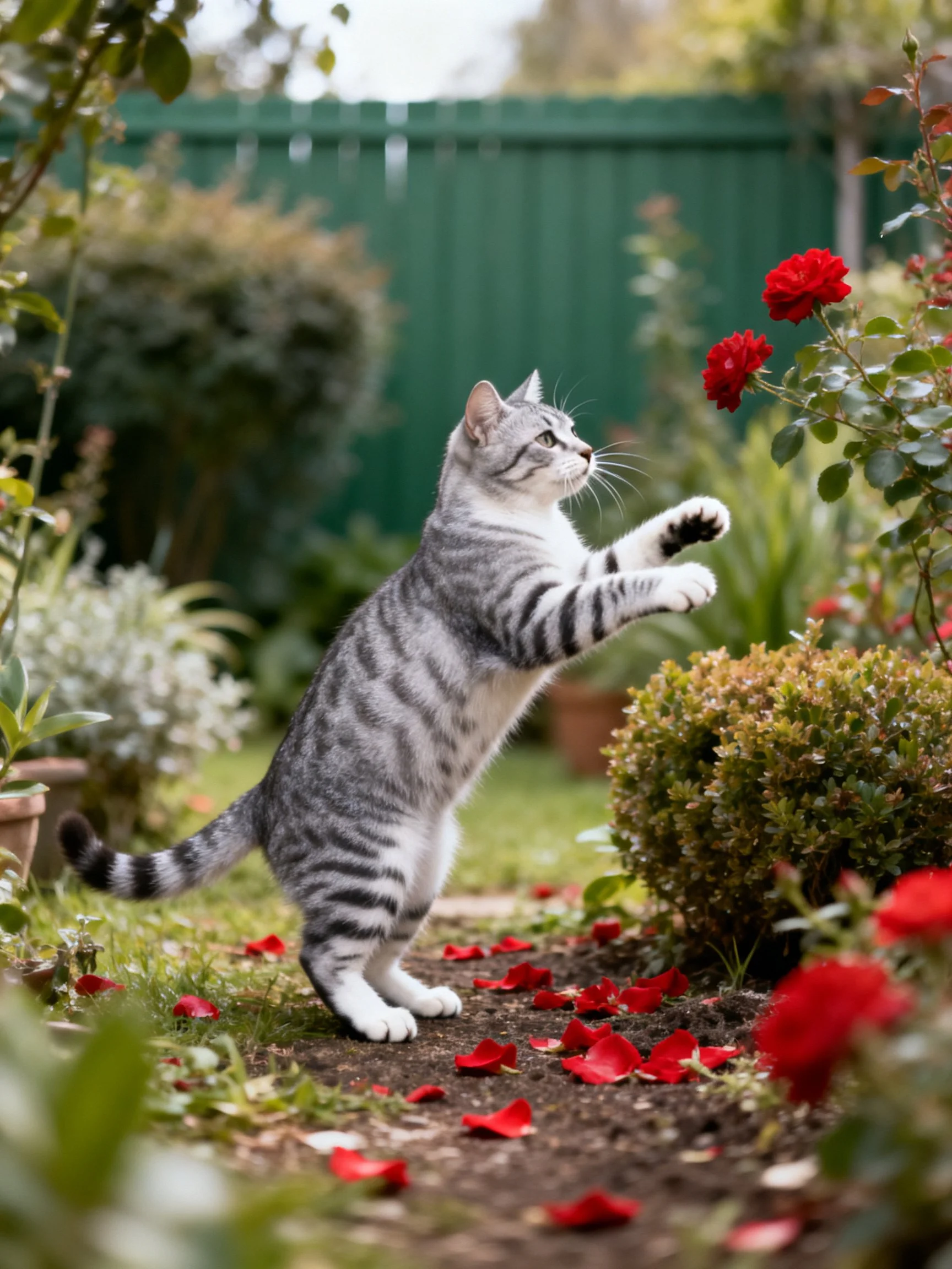 A gray tabby cat reaches for red roses in a lush garden