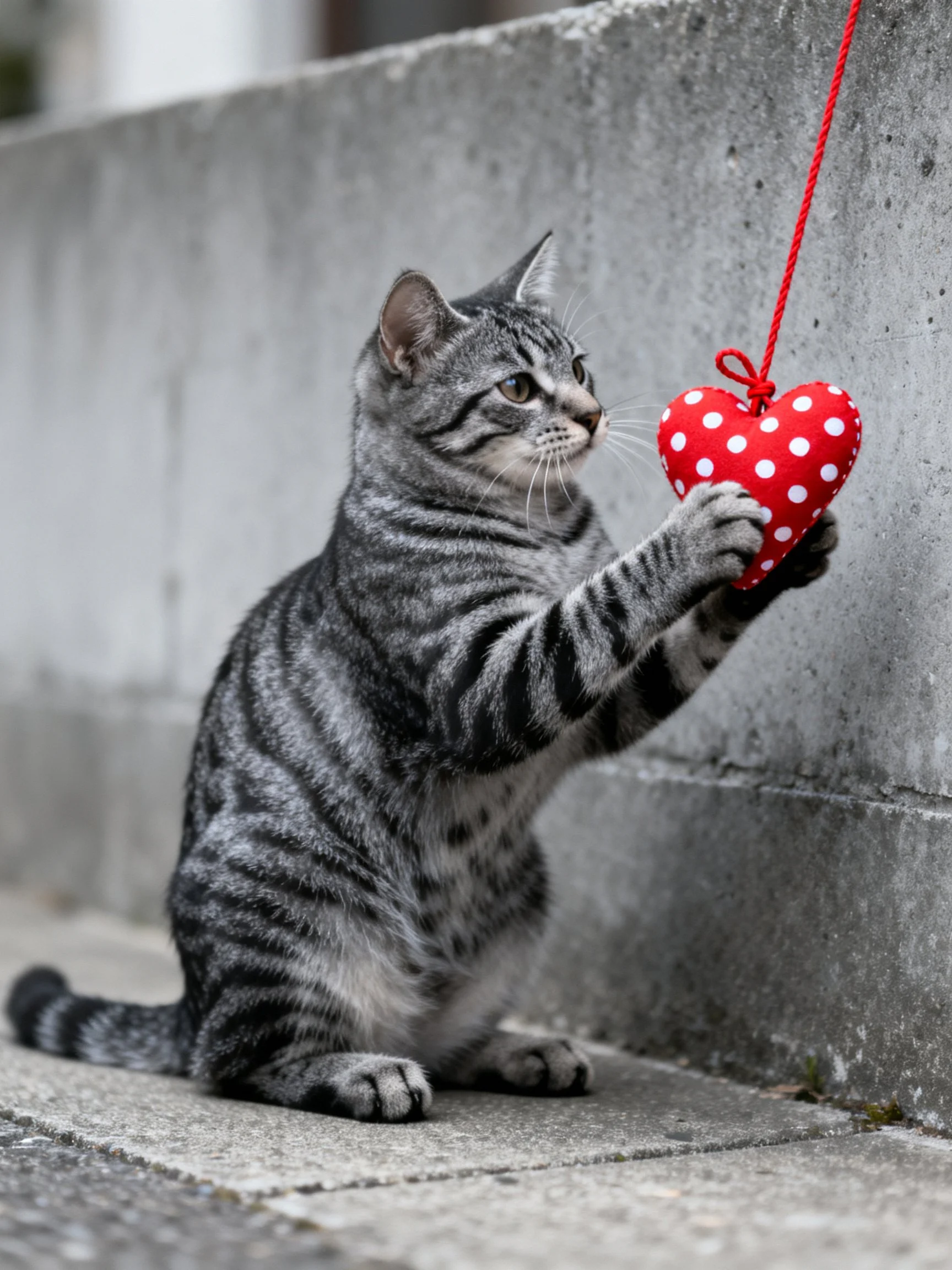 A gray tabby cat reaching for a red polka - dotted heart toy