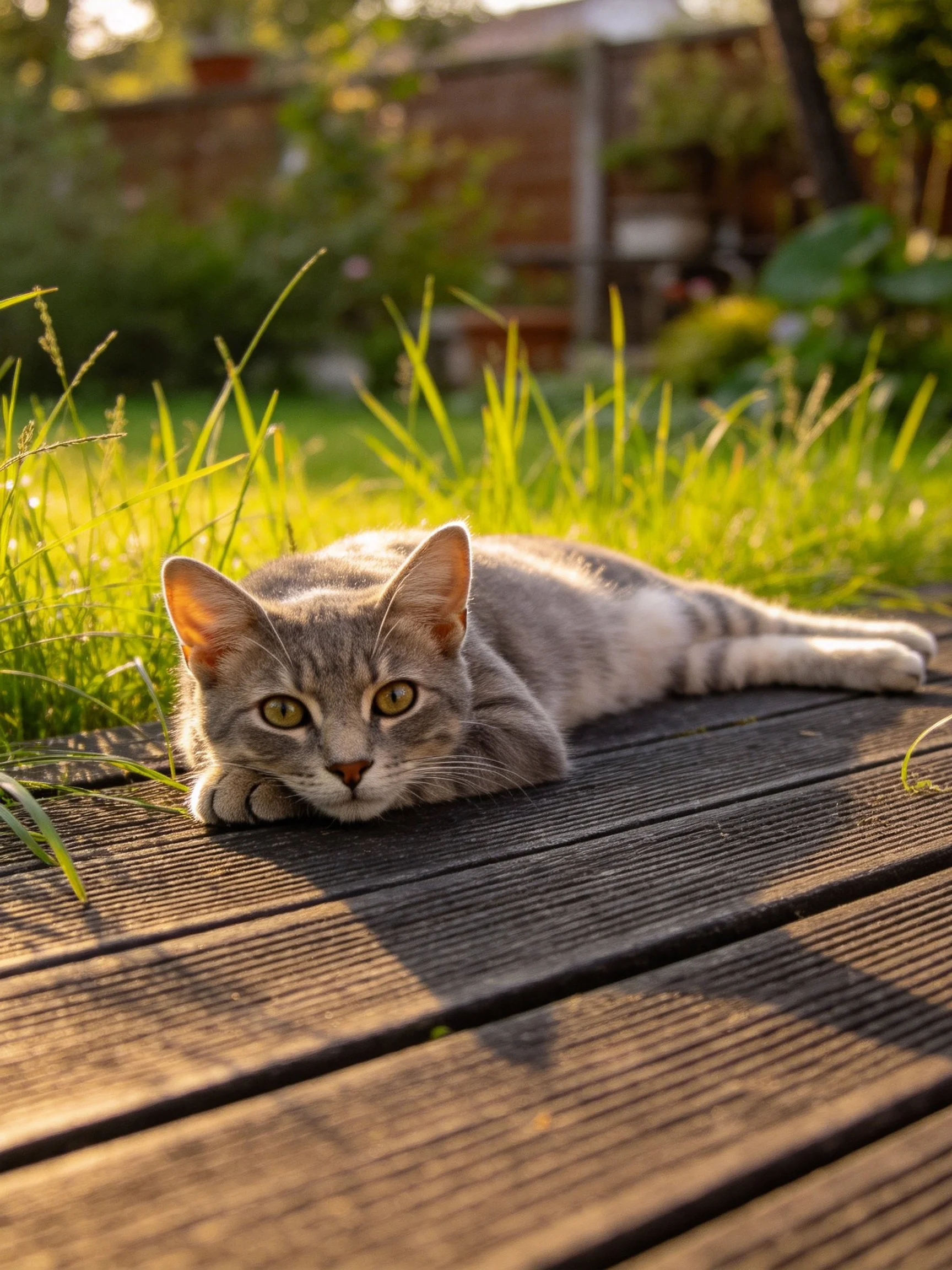 A gray tabby cat reclines on a wooden deck near green grass