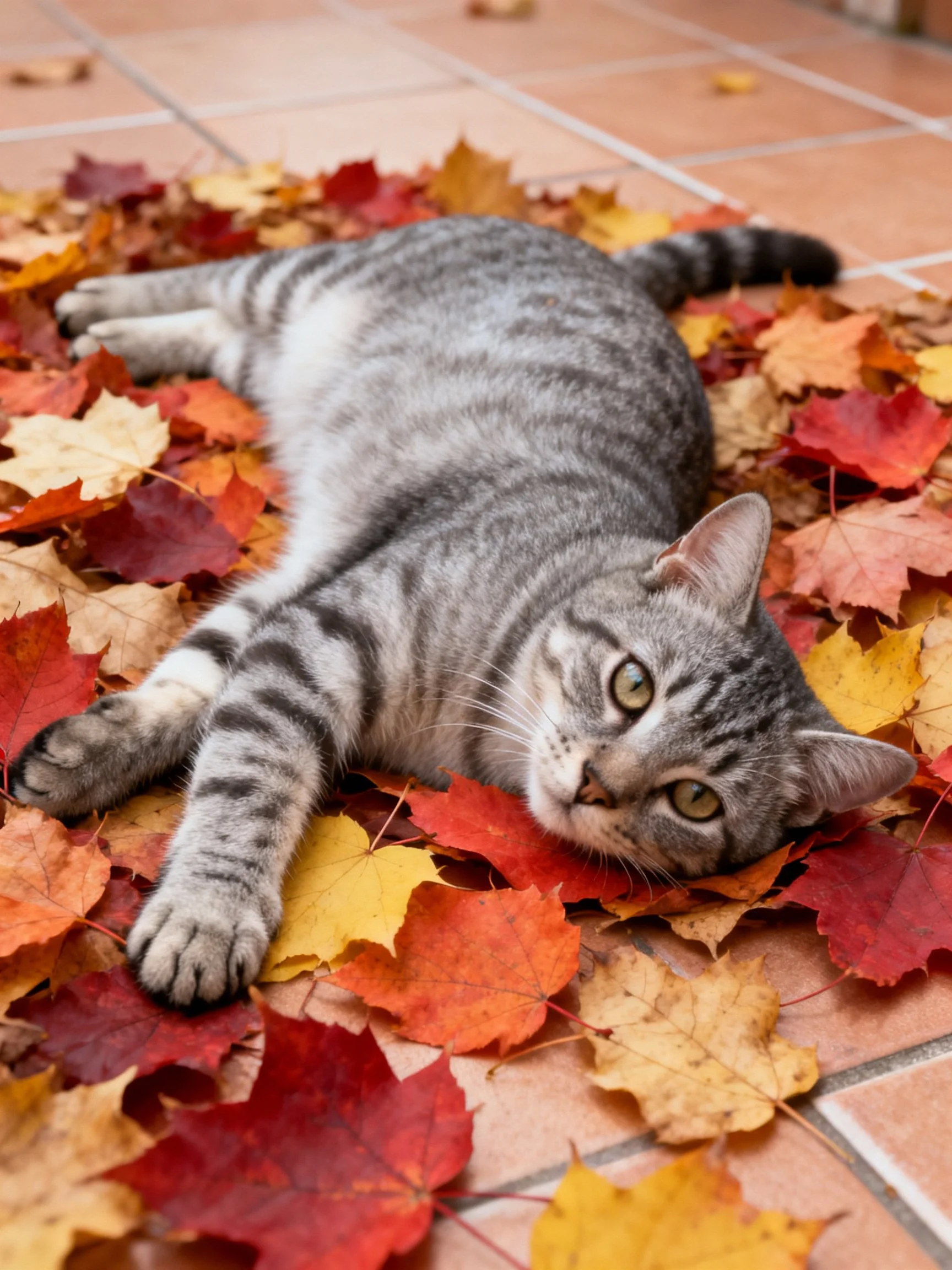 A gray tabby cat reclines on colorful autumn leaves