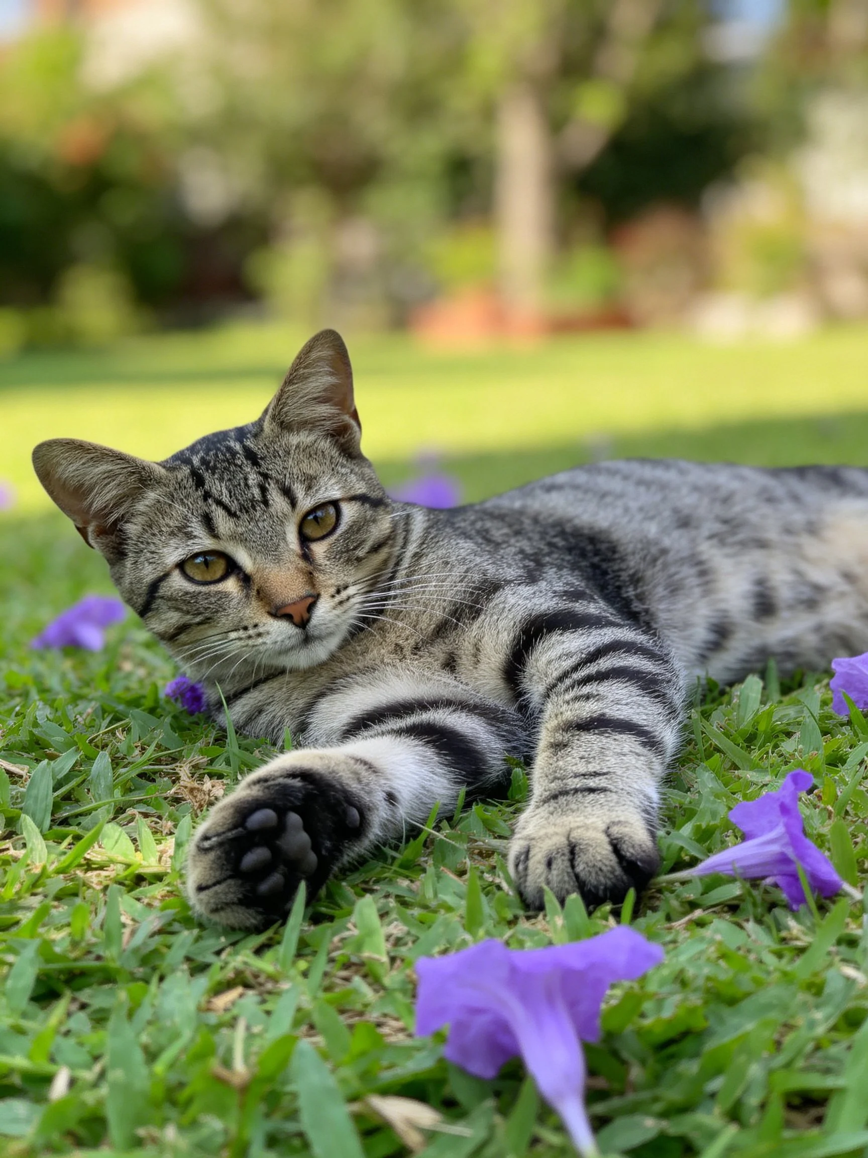 A gray tabby cat relaxes among purple flowers on lush green grass