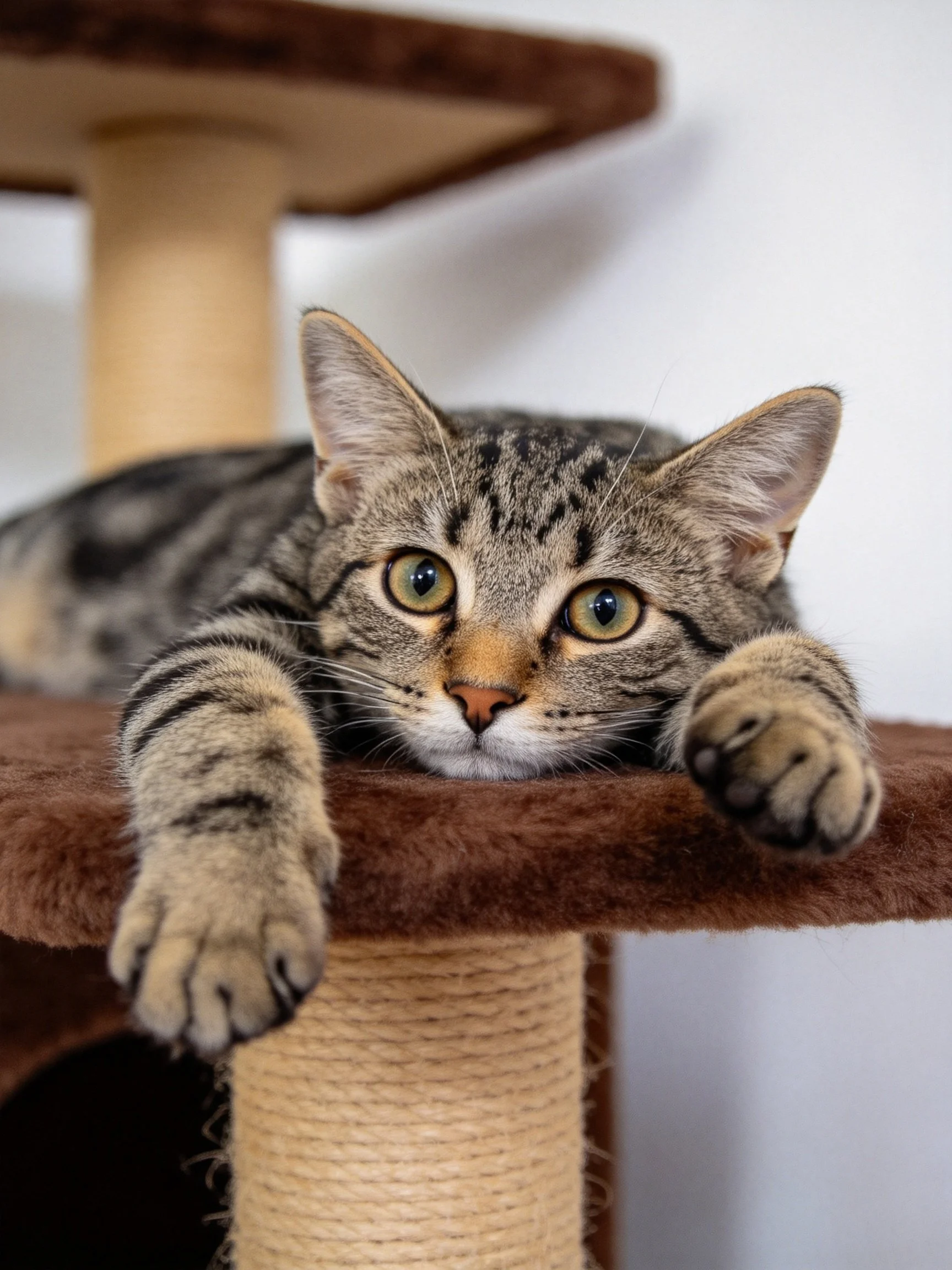 A gray tabby cat relaxes on a brown cat structure with vivid green eyes.