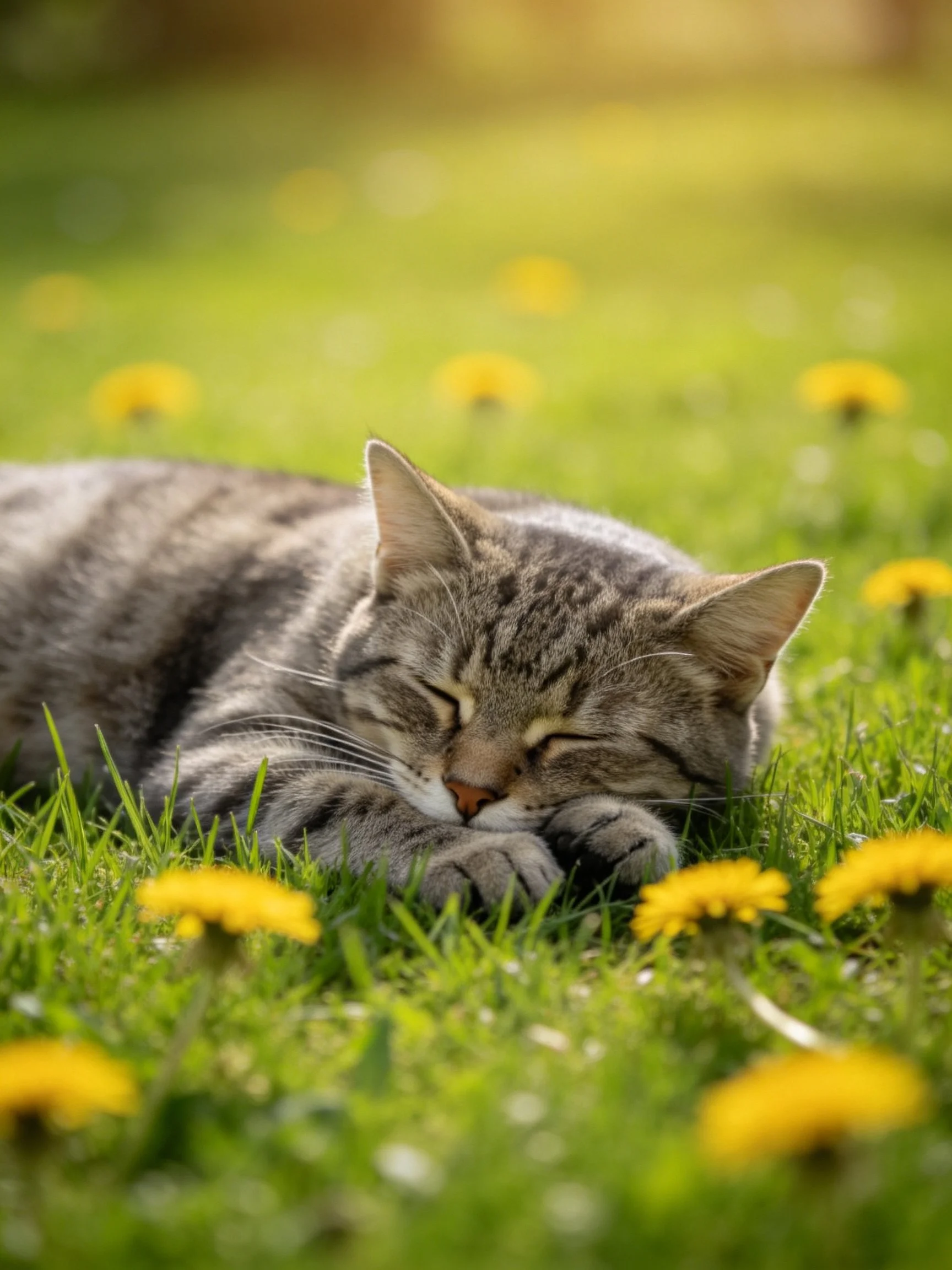 A gray tabby cat sleeps peacefully in a grassy field with yellow flowers.