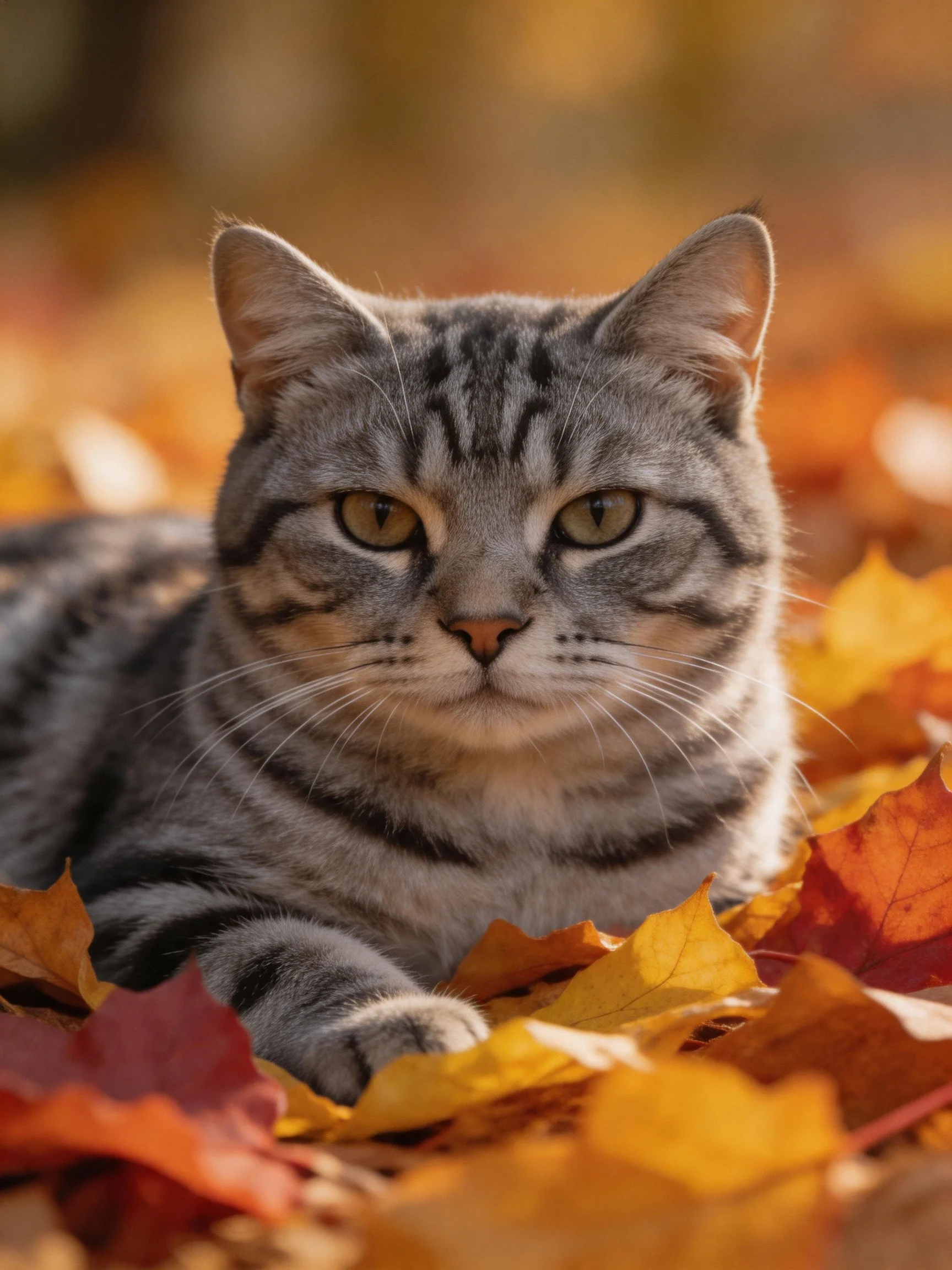A gray tabby cat resting amid vibrant autumn leaves in soft sunlight