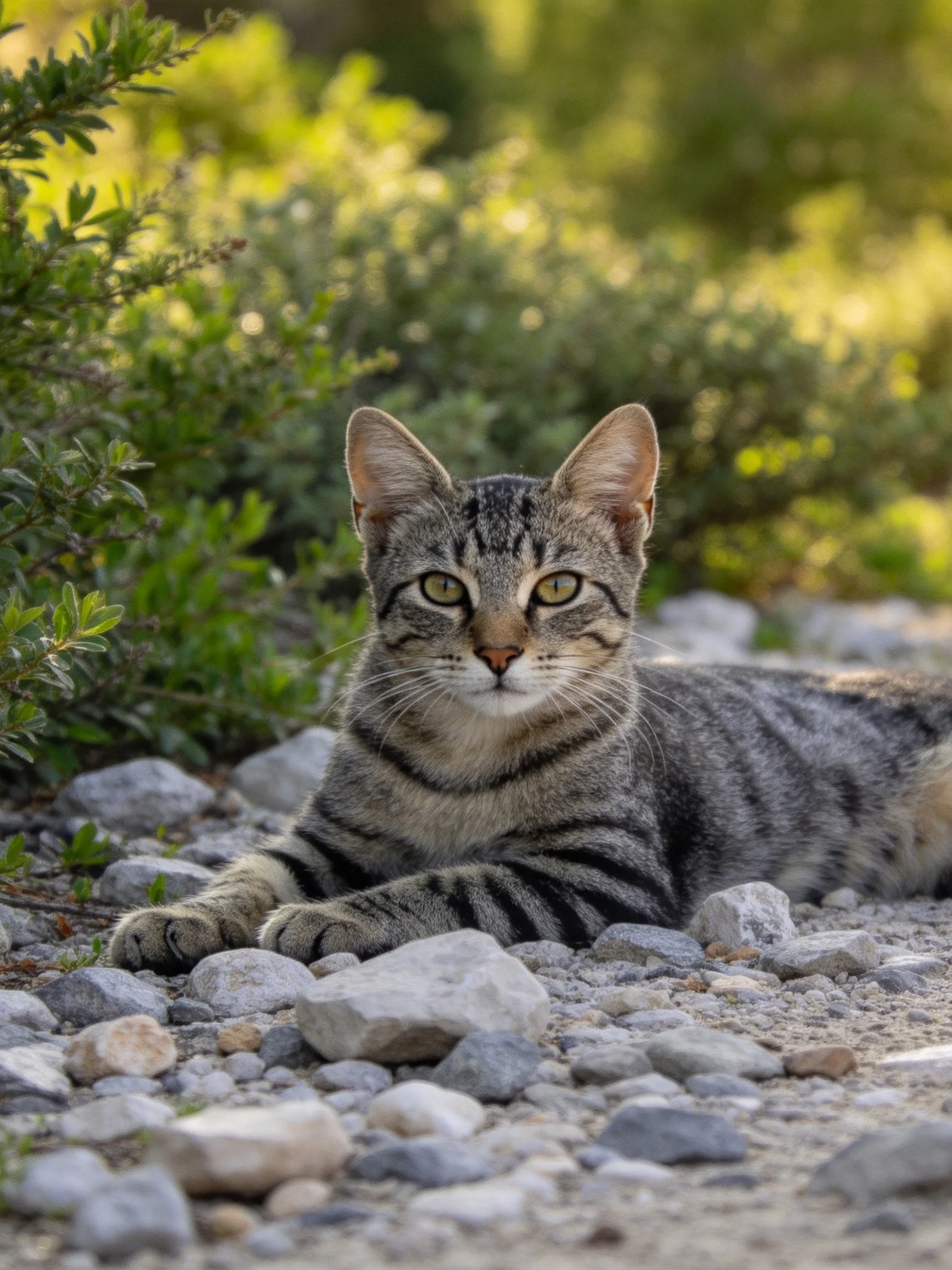 A gray tabby cat rests on a rocky path amid greenery.