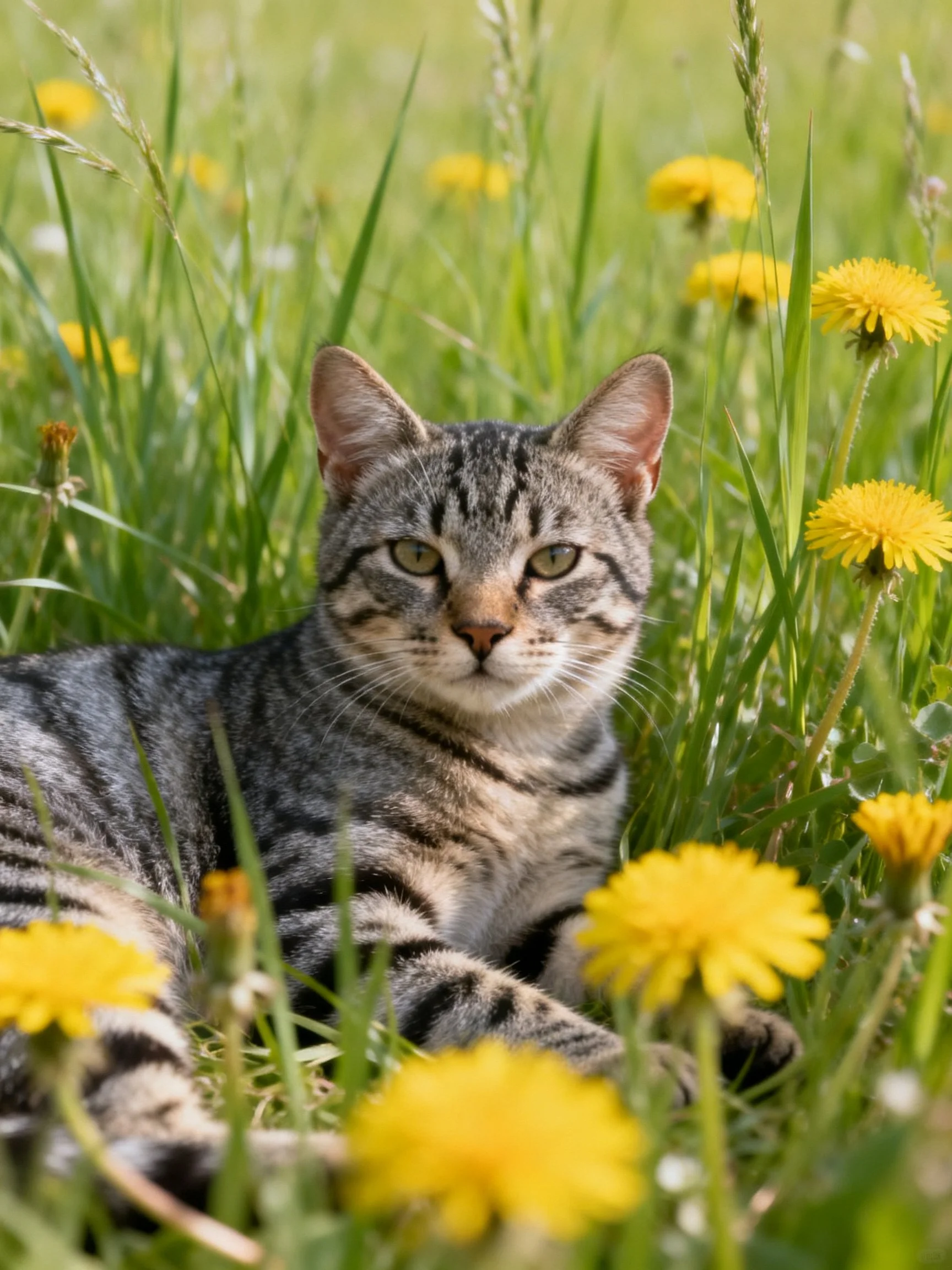 A gray tabby cat resting among tall green grass and yellow dandelions