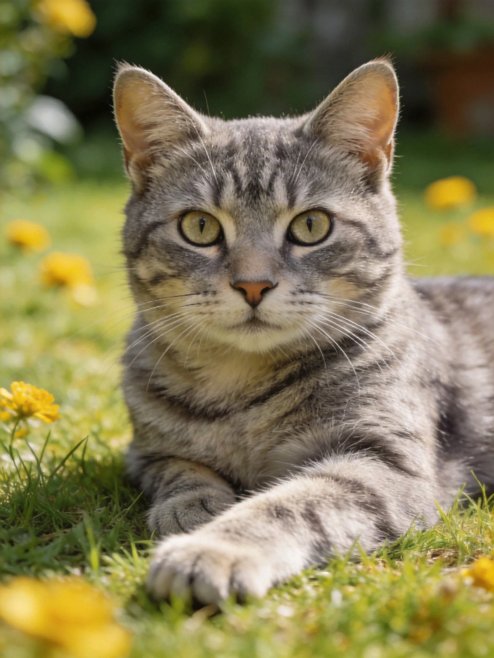 A gray tabby cat relaxes near yellow flowers on lush green grass.