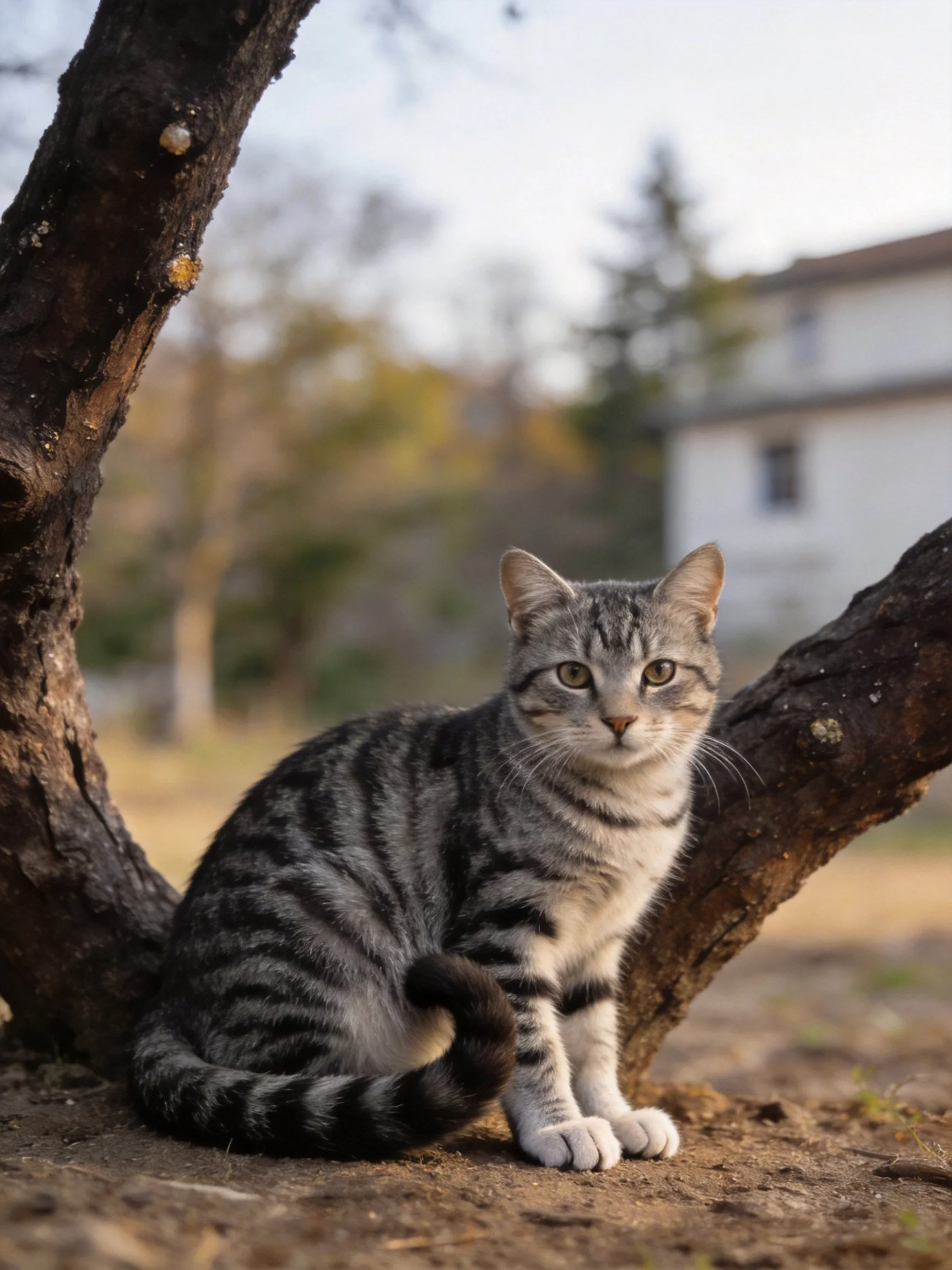 A gray tabby cat sits near dark tree branches in a softly lit outdoor area.