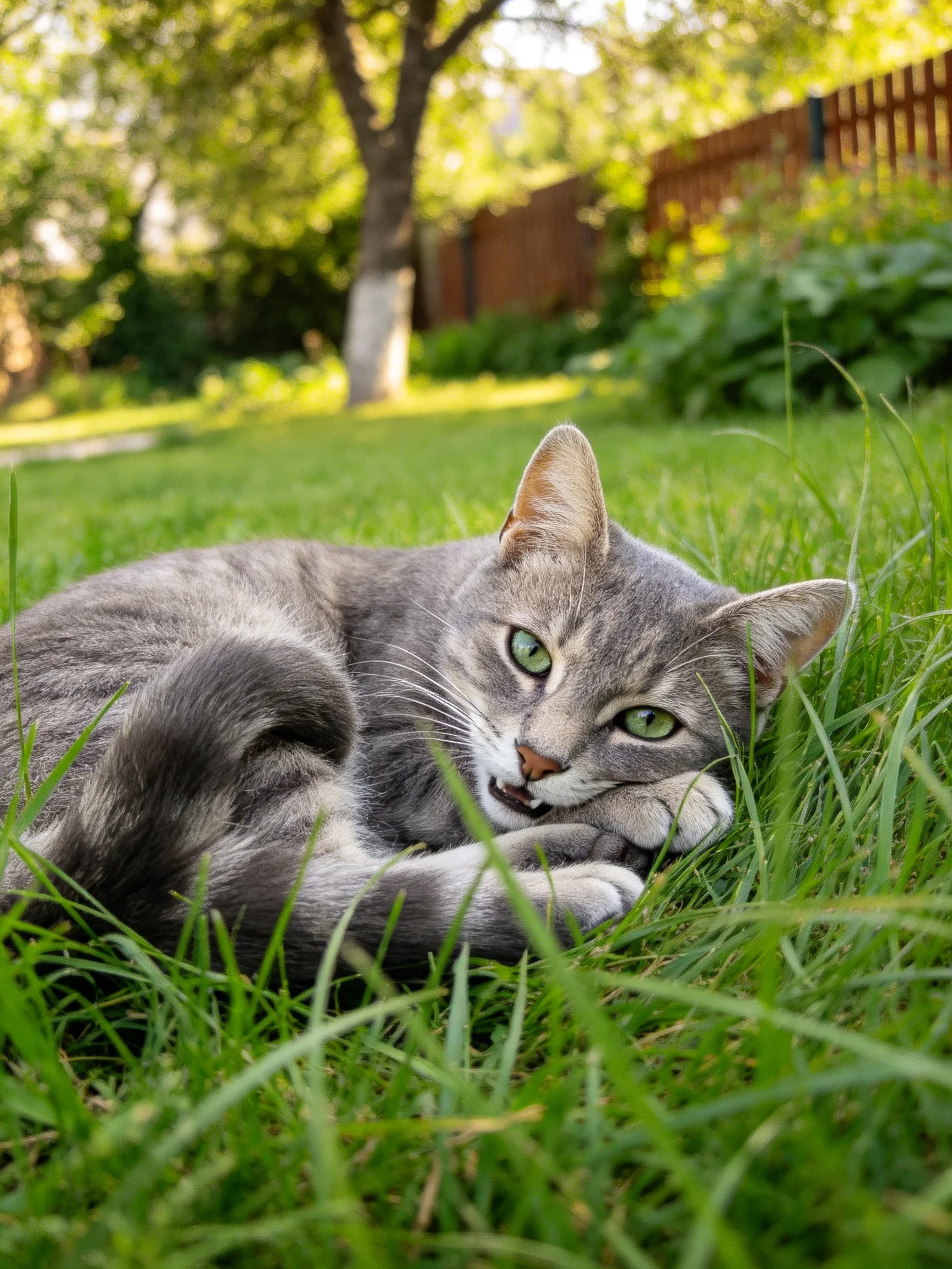 A gray tabby cat relaxes in a sunlit backyard with tall grass.