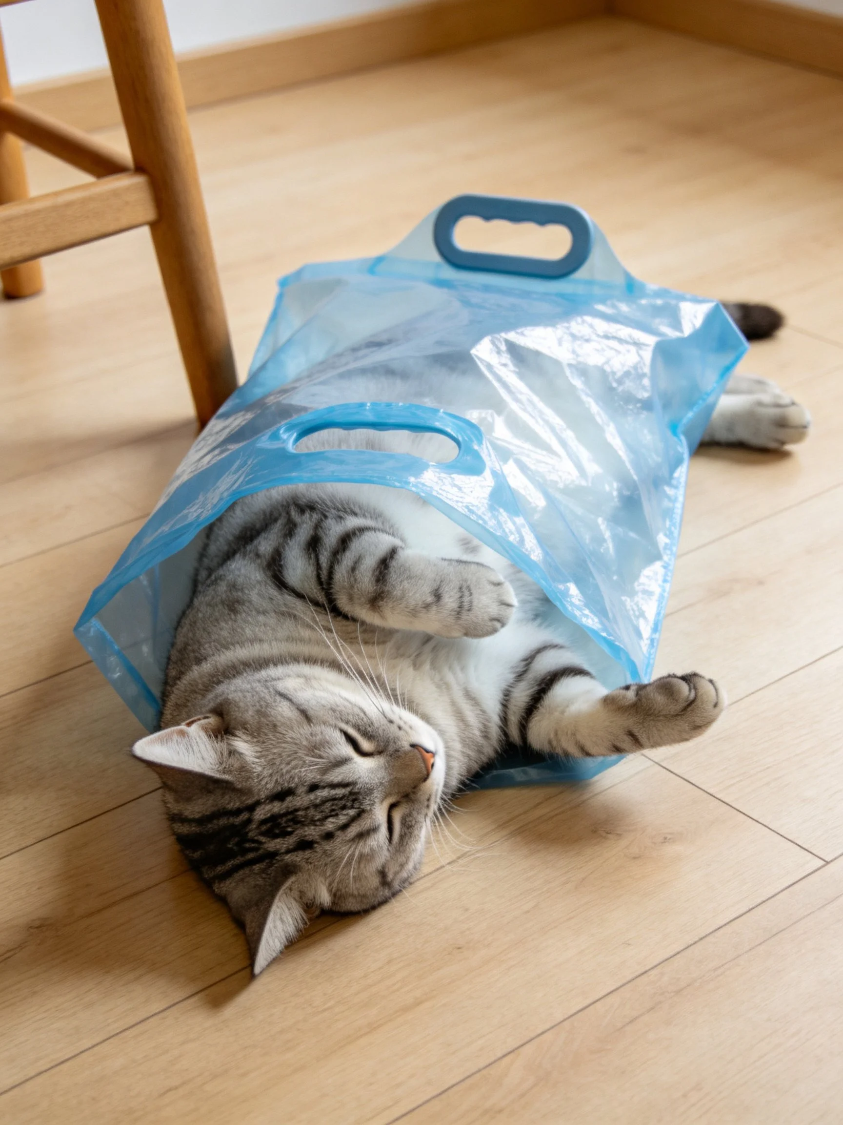 A gray tabby cat resting inside a blue plastic bag on a wooden floor