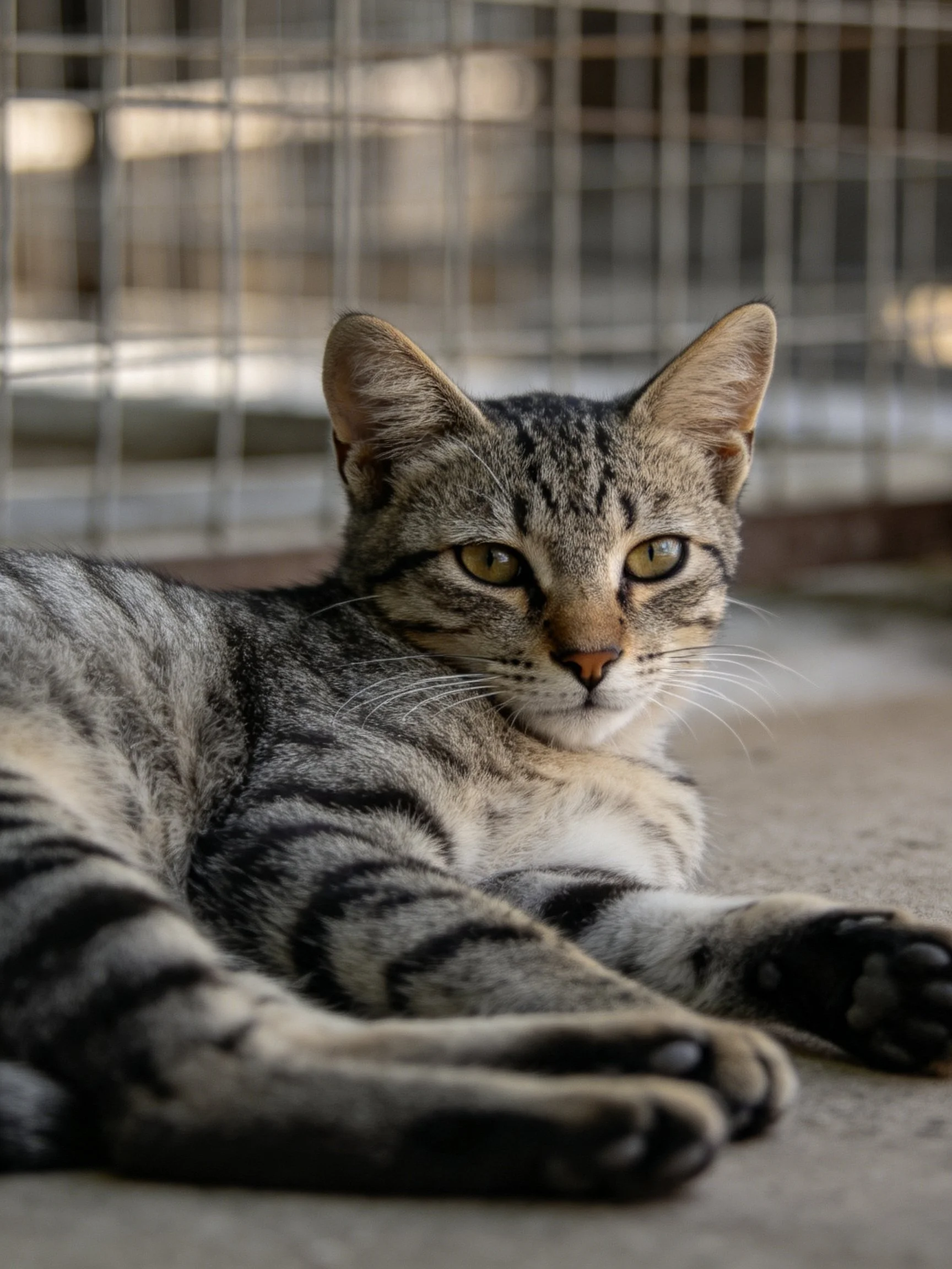 A gray tabby cat rests calmly beside a metal grid structure.