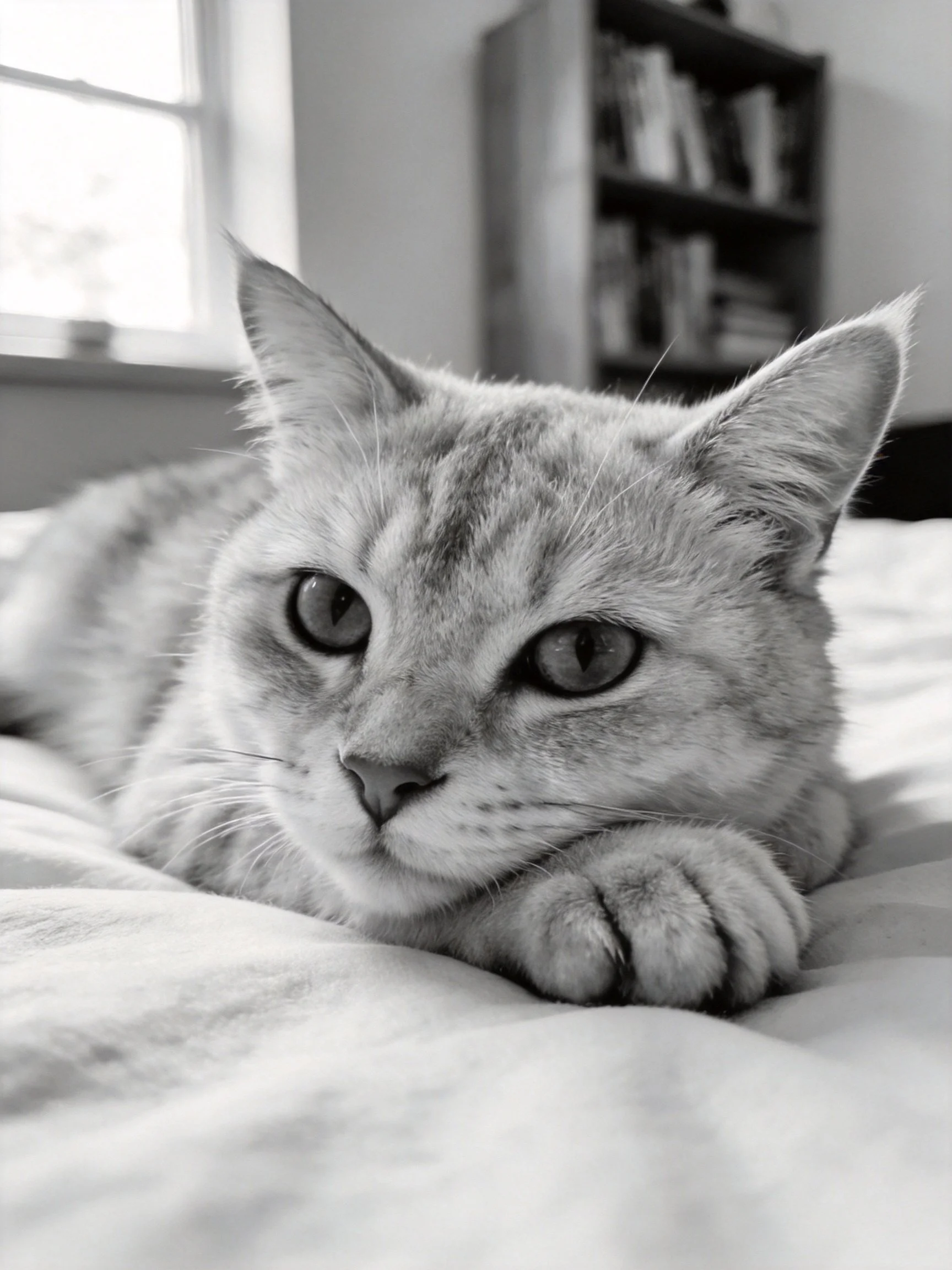 A gray tabby cat resting on a bed in black andwhite