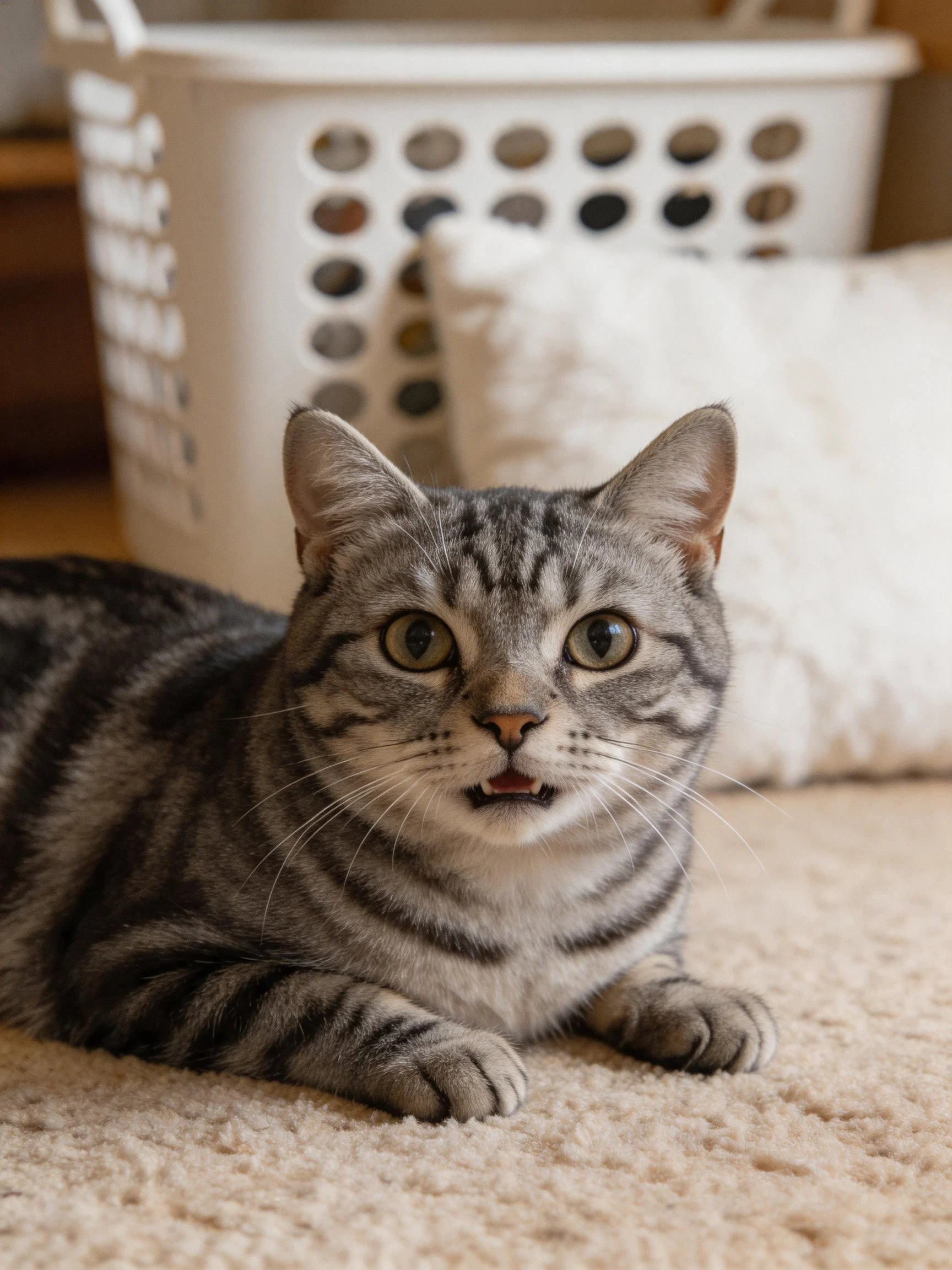 A gray tabby cat relaxes on a beige carpet close to a white laundry basket.