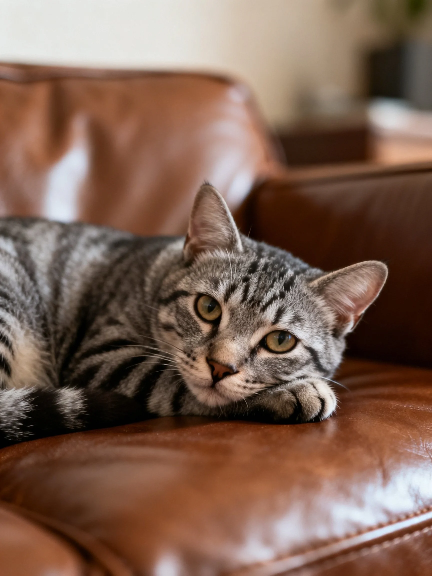 A gray tabby cat relaxes on a brown leather couch indoors.
