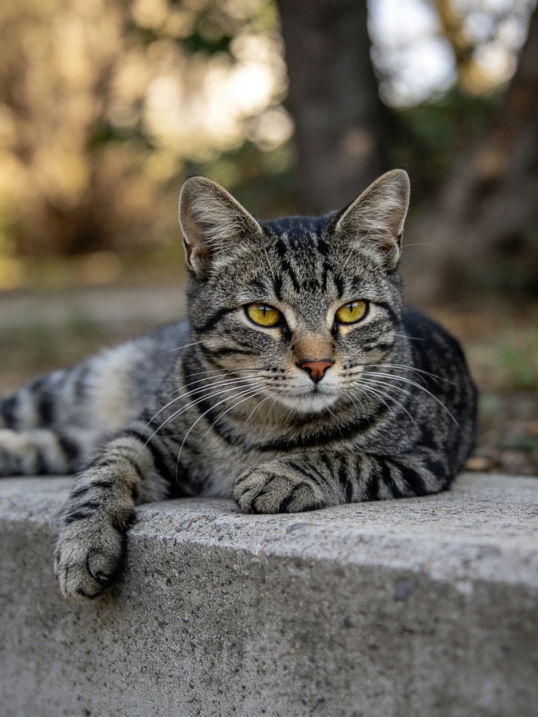 A gray tabby cat resting on a concrete ledge in an outdoor setting
