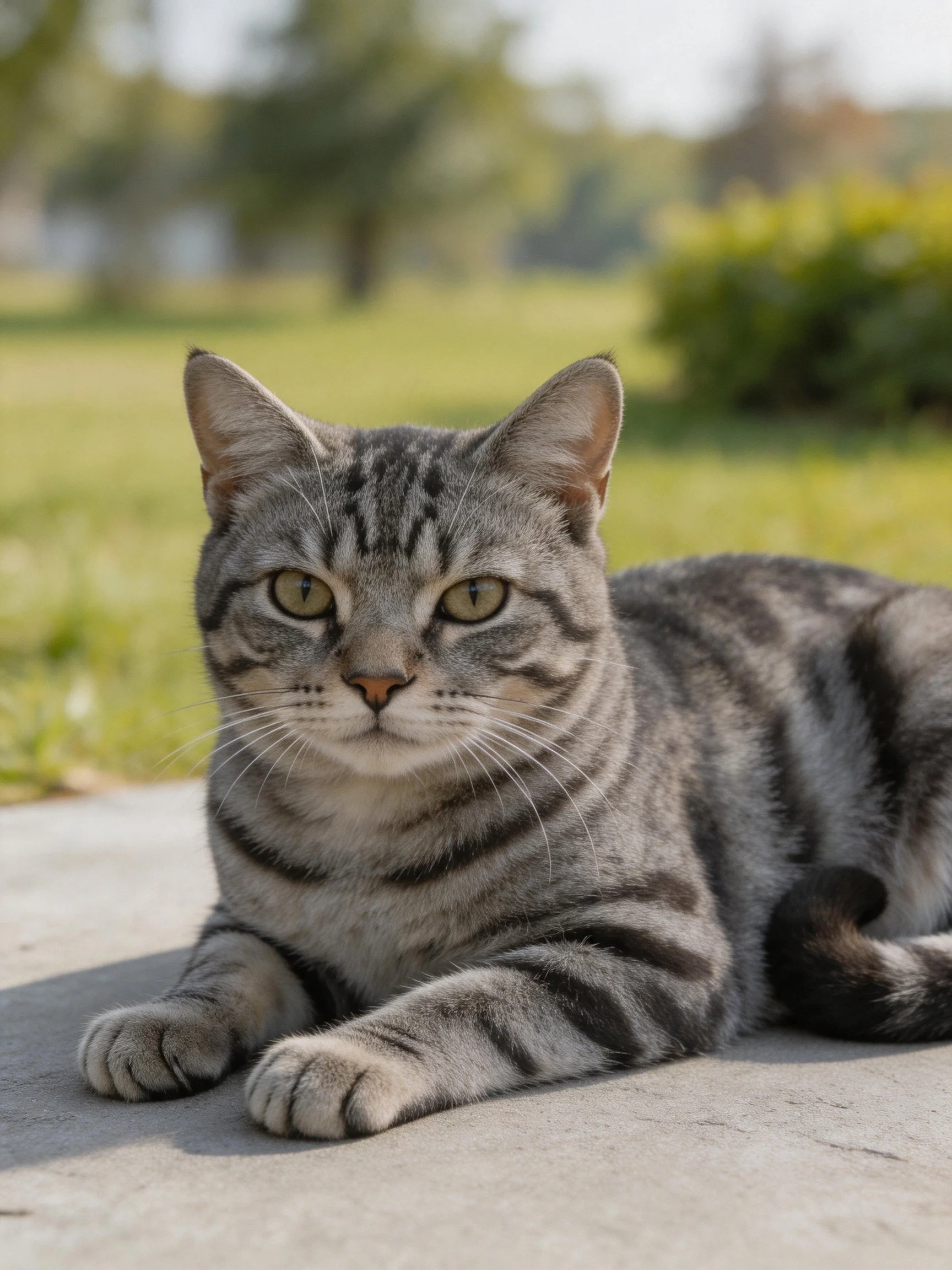 A gray tabby cat resting on a concrete path near greenery