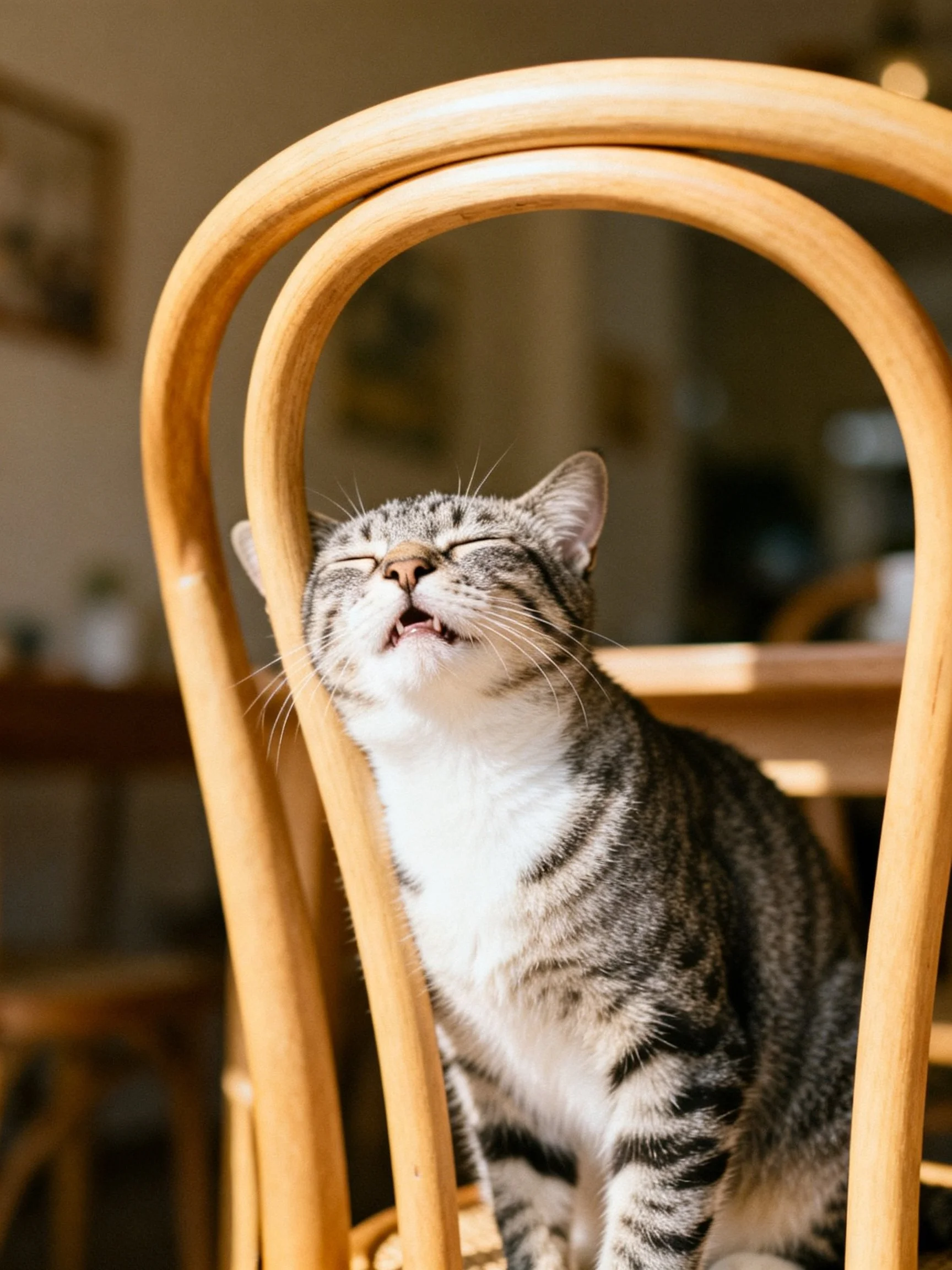 A gray tabby cat resting on a curved wooden chair