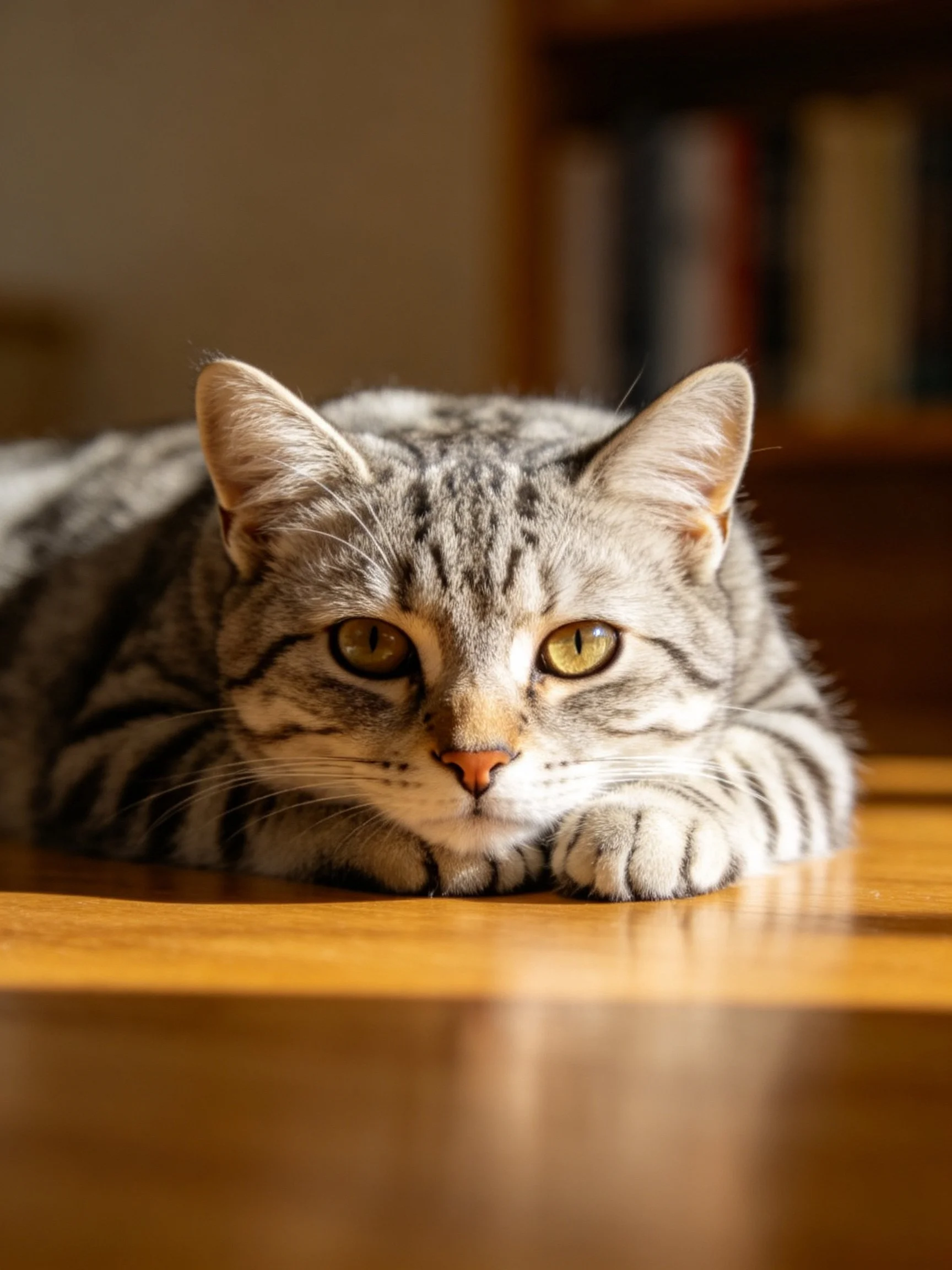 A gray tabby cat resting on a polished wooden table near bookshelves