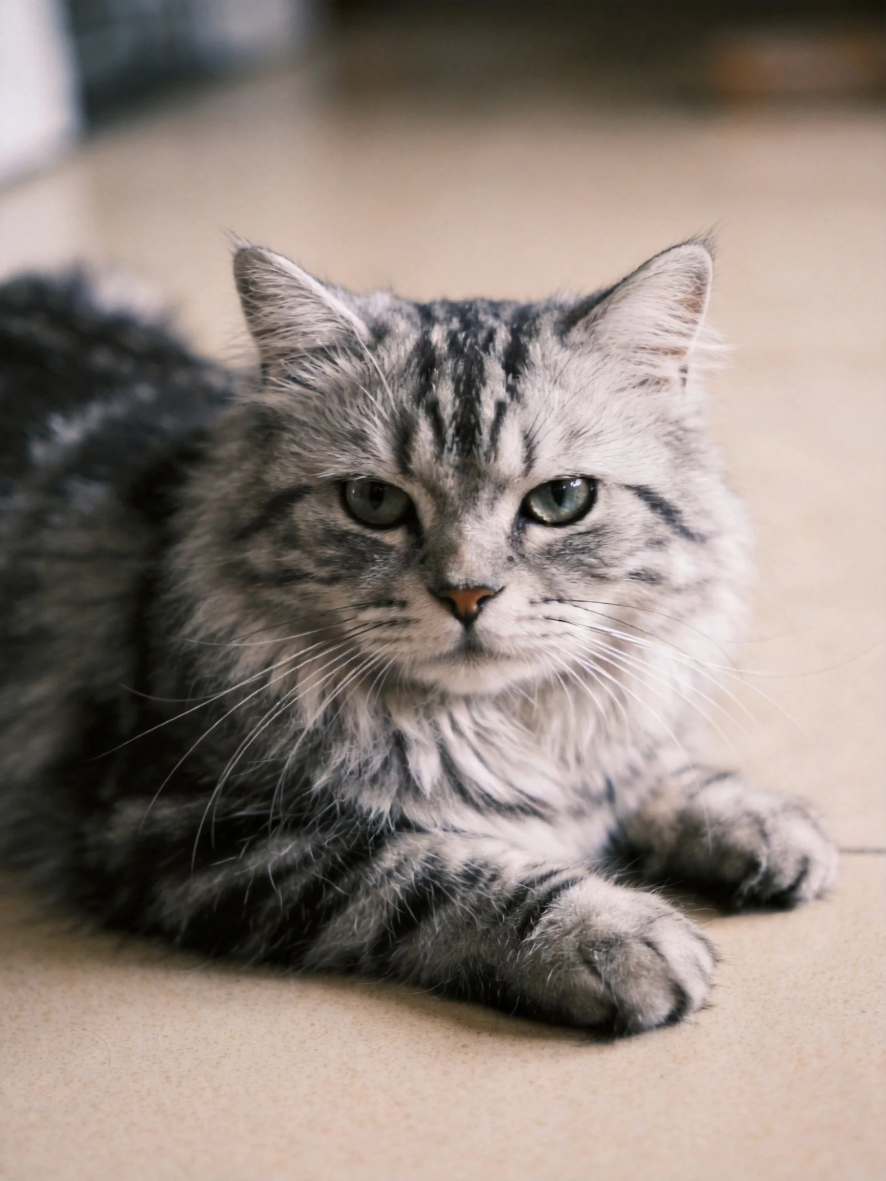 A gray tabby cat resting on a smooth indoor floor